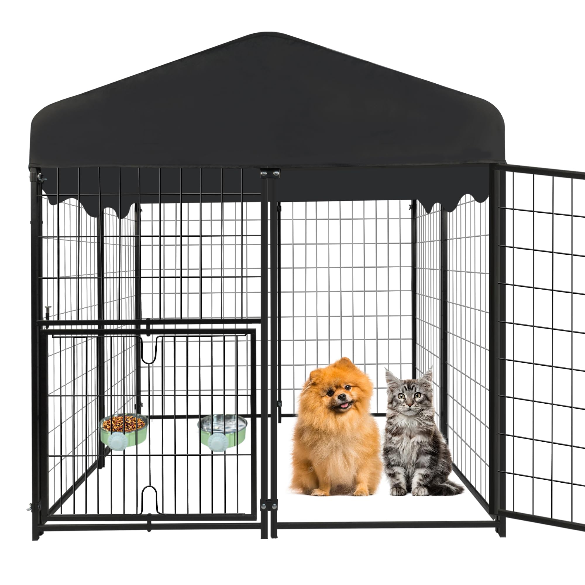 Heavy Duty Outdoor & Indoor Dog Kennel with Roof - 4.2' x 4' x 4.5' Large Dog Cage with Waterproof Cover & Adjustable Feeding Bowls - Perfect for Yard, Patio, or Home Use - Durable Dog House for All Weather Conditions