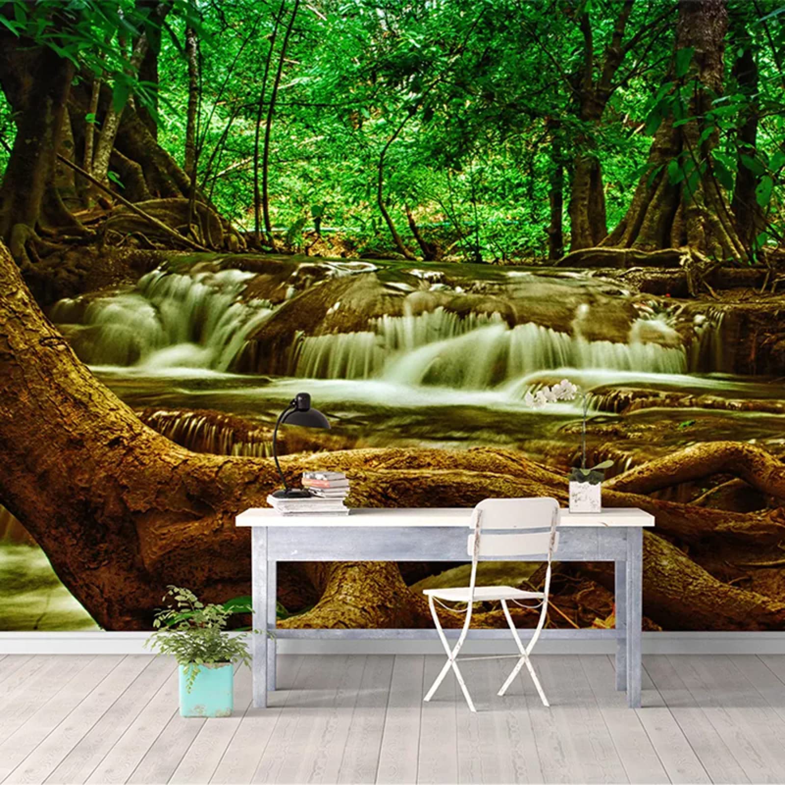 Green Tree Forest Waterfall 3D Wallpaper - Tropical Landscape Peel & Stick Removable Wall Mural for Nursery, Bedroom, Living Room Decor | Easy DIY Home Decoration for Kids Rooms & Hallways