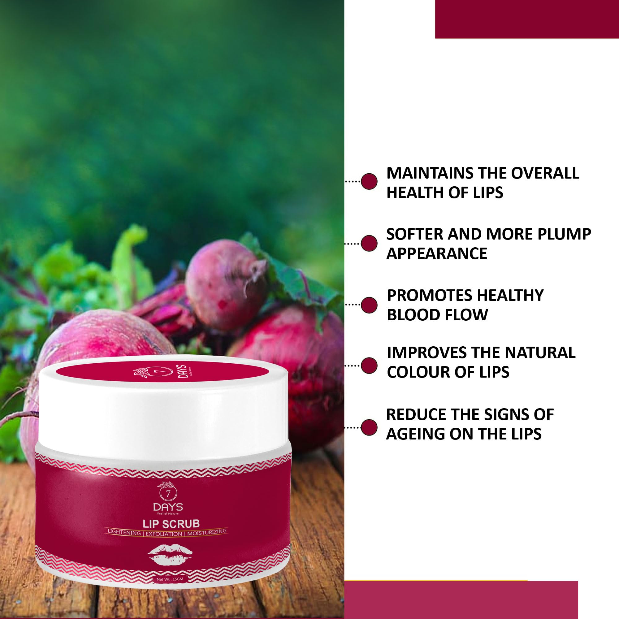 7 Days Lip Scrub Balm for Men & Women - Natural Exfoliator with Beetroot, Vitamin C, Honey & Walnut - Removes Dark, Dry, Chapped Lips & Lipstick Stains - Chemical Free, Vegan - 25g - Perfect for Daily Lip Care & Pre-Makeup Prep