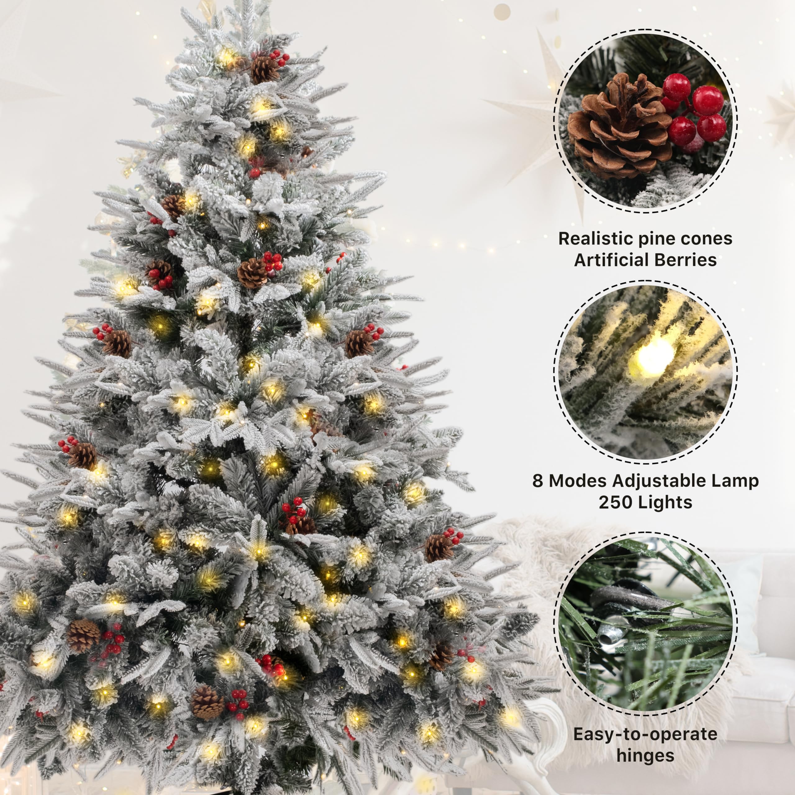 GEX 6ft Pre-Lit Flocked White Artificial Christmas Tree with Warm Yellow LED Lights, 8 Lighting Modes, Berries & Pinecones - Perfect for Living Room, Office Holiday Decor (Flocked White, 6 Feet)