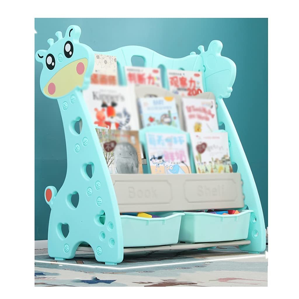 Kids Bookshelf - Sturdy Plastic Bookcase for Children's Room, Baby Toy Storage Organizer with Box, Blue Floor Book Rack for Picture Books & Toys | Perfect for Nursery, Playroom & Home Organization