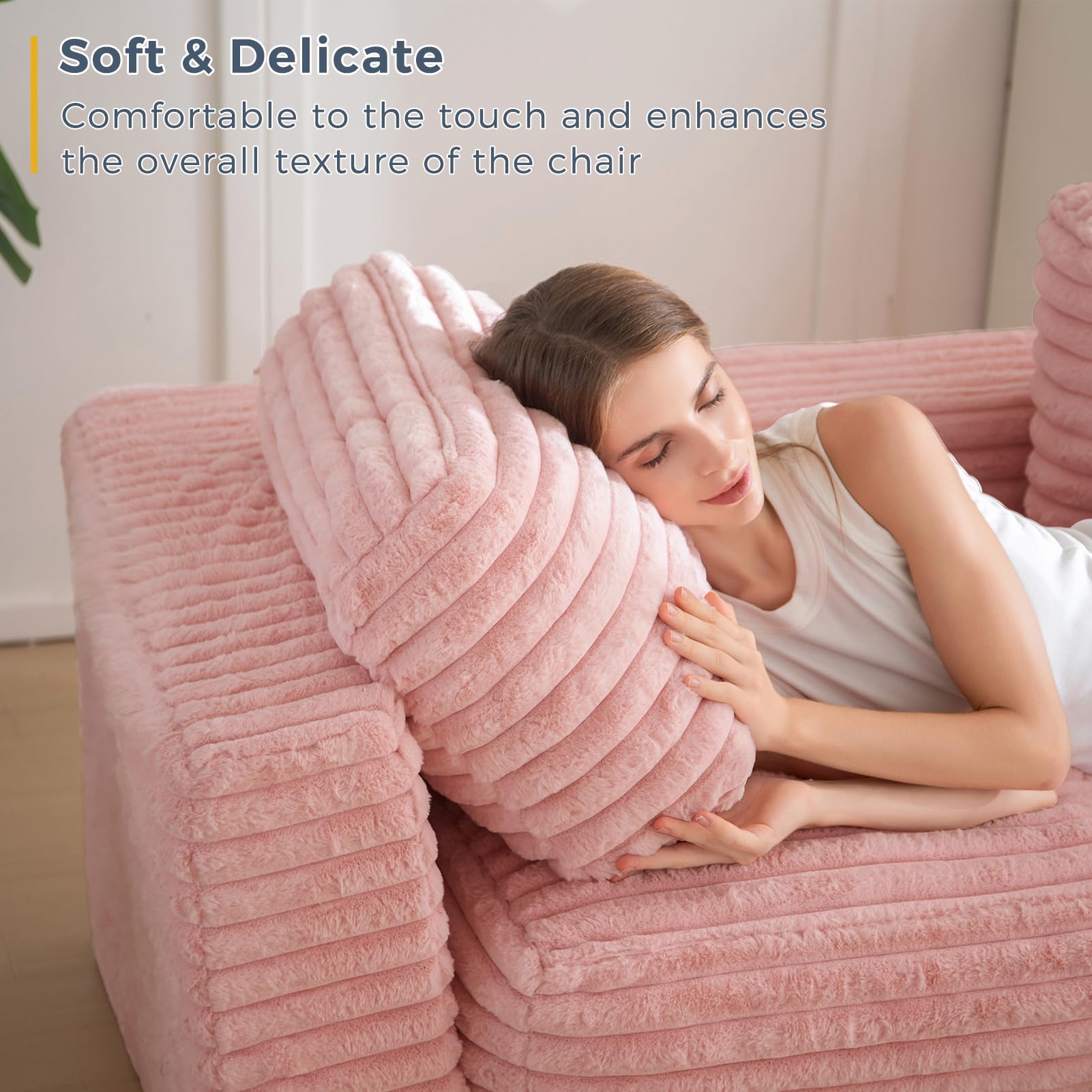 MAXYOYO Striped Faux Fur Bean Bag Chair - 2 Seat Floor Sofa with Pillows & Armrests, Pink - Cozy Living Room Seating for Teens & Adults, Perfect for Gaming, Movie Nights & Relaxation