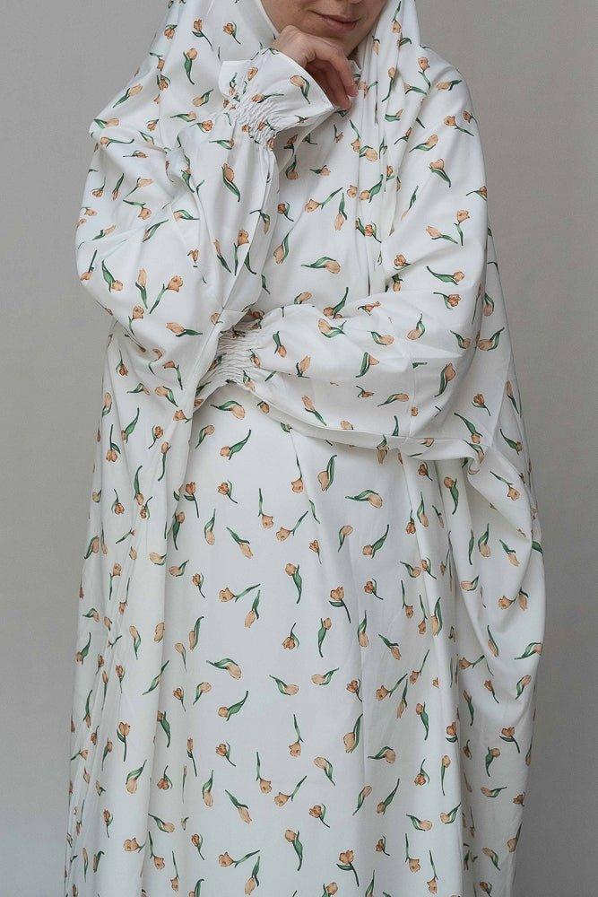 Floral Tulip Print Cotton Satin Nightgown - Soft Sleepwear for Women, Comfortable Extended Coverage Petite Length Pajama Dress for Lounge & Bedtime