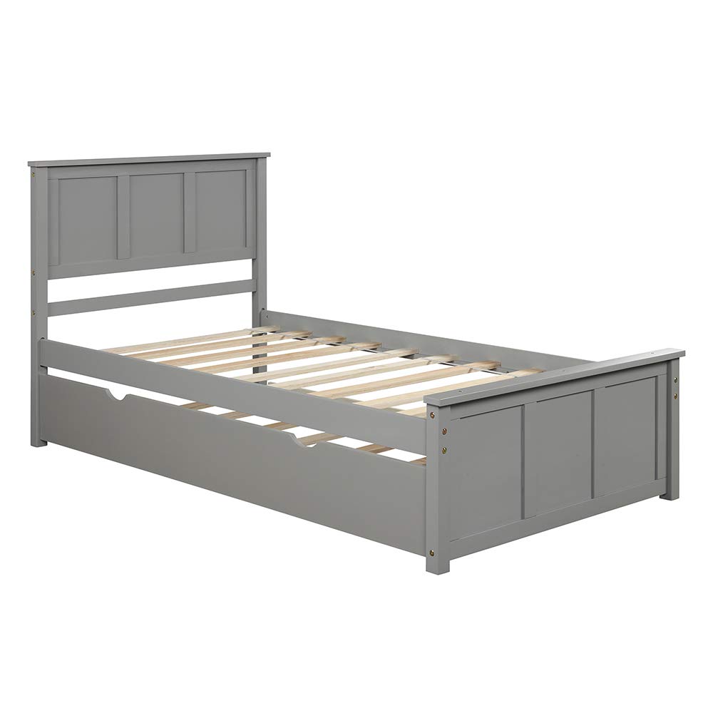 Harper & Bright Designs Solid Wood Twin Bed Frame with Pull-Out Trundle - No Box Spring Needed, Grey - Perfect for Kids' Bedroom, Guest Room & Space-Saving Solutions