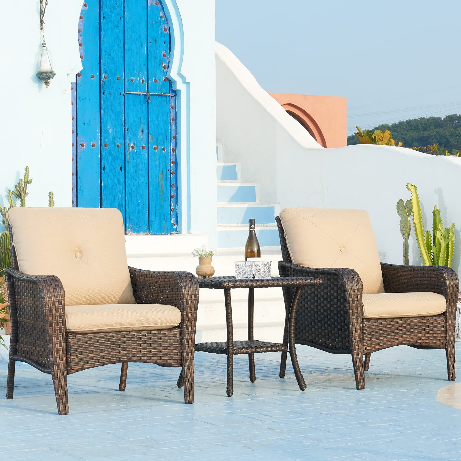 HUMMUH Outdoor Wicker Patio Chairs Set of 2 with Side Table - PE Rattan Bistro Table and Chairs for Yard, Backyard, Lawn, Porch - Perfect for Garden Dining, Poolside Relaxation & Outdoor Entertaining