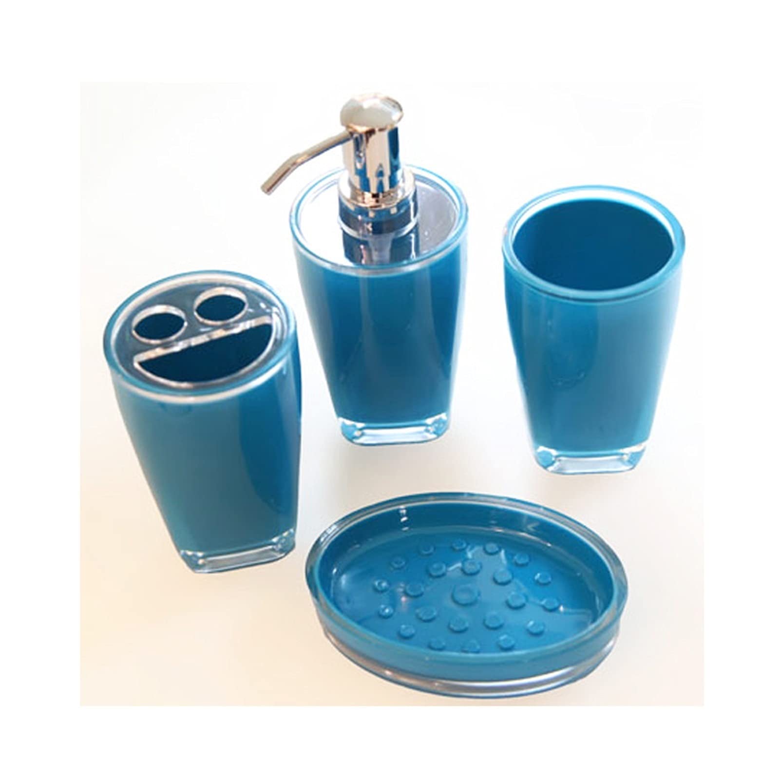 SQLCF 4-Piece Resin Soap Dispenser Set - Refreshing Blue Liquid Lotion Bottle, Mouthwash Cup, Toothbrush Holder & Soap Dish for Bathroom, Dormitory & Household Use | Elegant Bathroom Organization & Toiletries Storage Solution