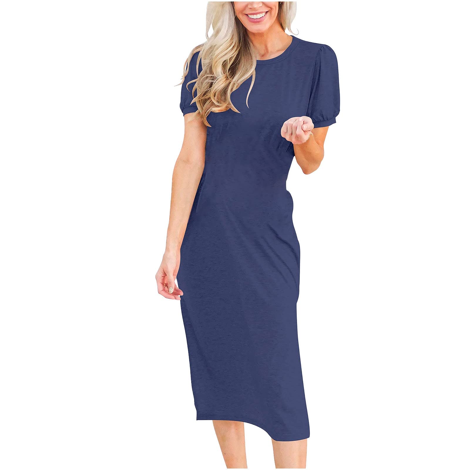 Blczomt Women's Summer Slim Shift Dress - Solid Short Sleeve T-Shirt Dress with Crew Neck & Side Slit | Casual Midi Dress for Daily Wear, Beach Outings, and Summer Vacations