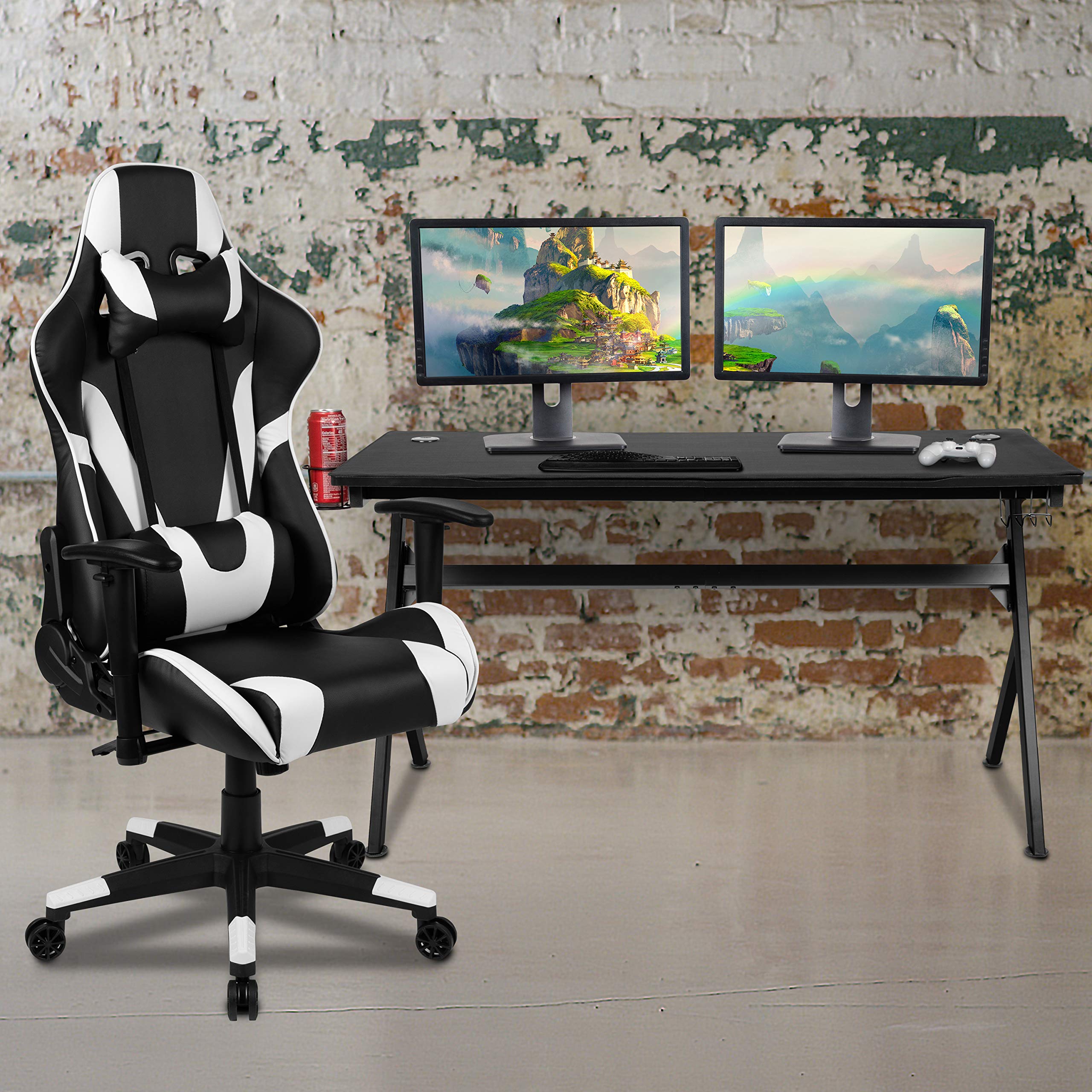 EMMA + OLIVER Black Gaming Desk Bundle with Cup Holder, Headset Stand & Mouse Pad - Ergonomic Computer Desk for Home Office, Streaming & Esports Setup