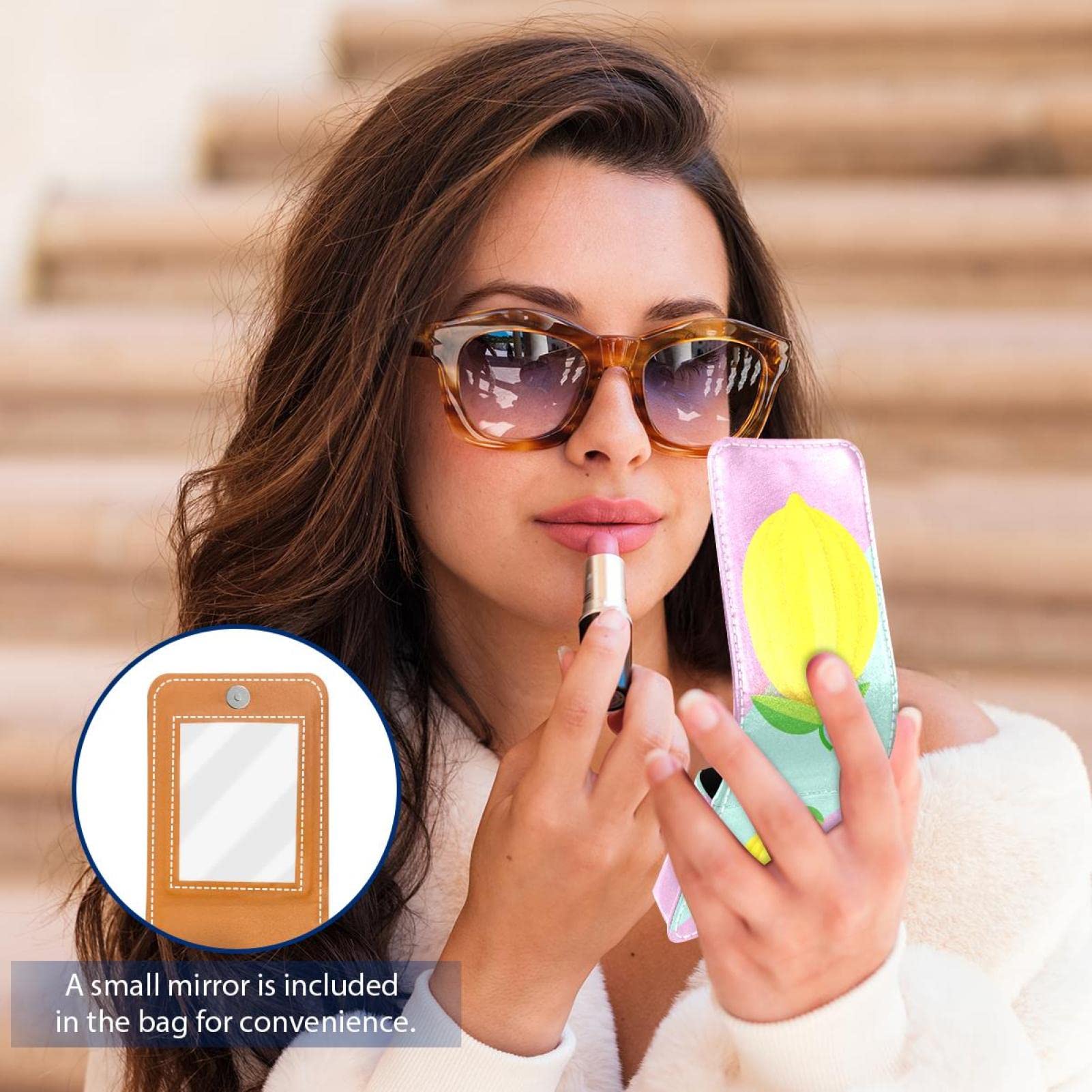 Personalized Lipstick Case - Portable Makeup Bag & Cosmetic Pouch Organizer for Lipsticks - Yellow Art Lemon Green Pink Background - Perfect for Travel, Daily Use, and Gift Giving