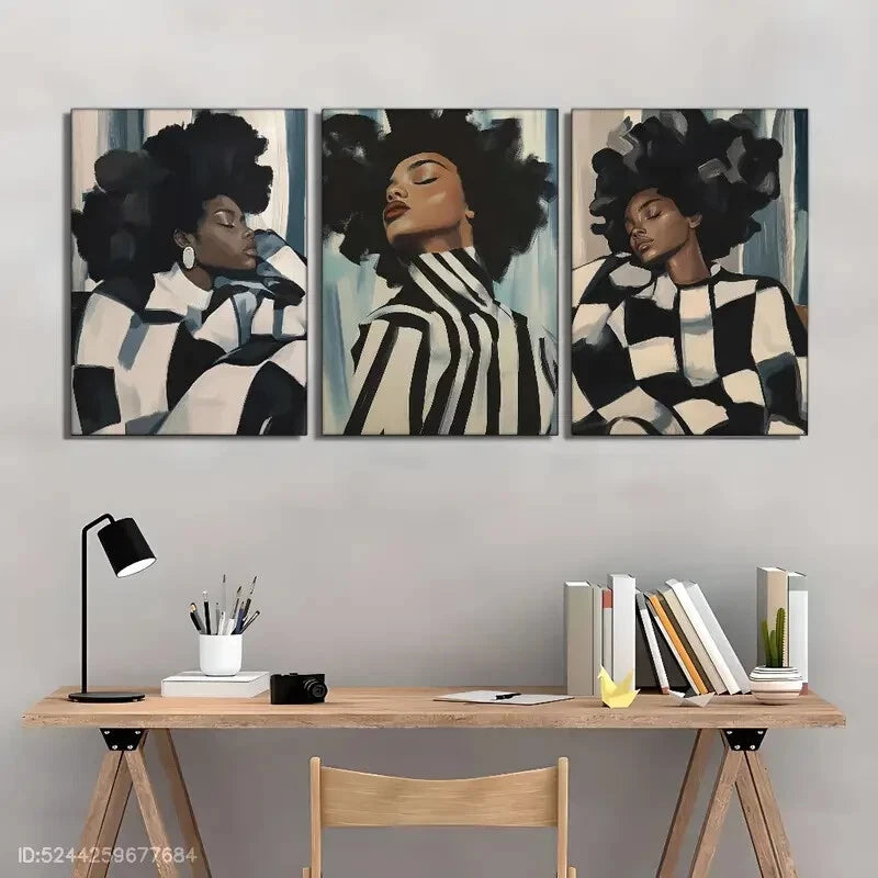 3Pcs Abstract African Woman Feminine Portrait Metal Wall Art - Ready to Hang Canvas Prints for Living Room, Bedroom & Office Decor