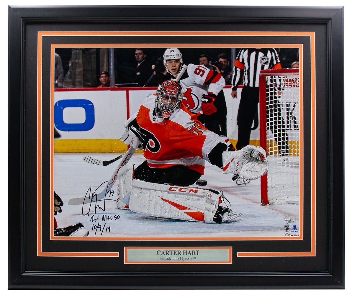 Carter Hart Autographed Philadelphia Flyers 16x20 Framed Photo - 1st NHL Shutout 10/9/19 - Fanatics Certified - Perfect for Hockey Memorabilia Collection & Man Cave Decor