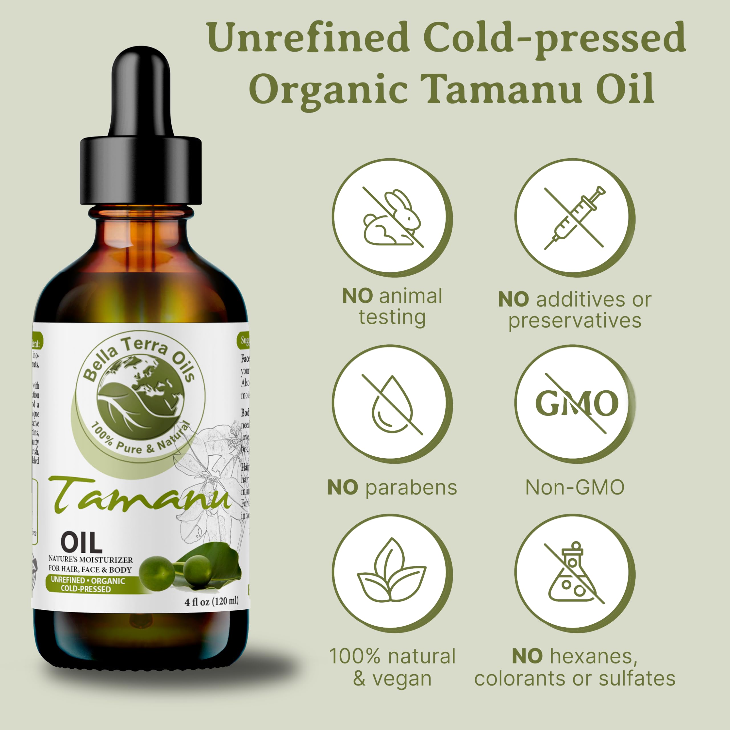 Organic Tamanu Oil 16oz by Bella Terra - 100% Pure Cold-Pressed for Radiant Skin & Hair - Rich in Nutrients & Vitamins - Perfect for Skincare, Hair Care & Natural Remedies