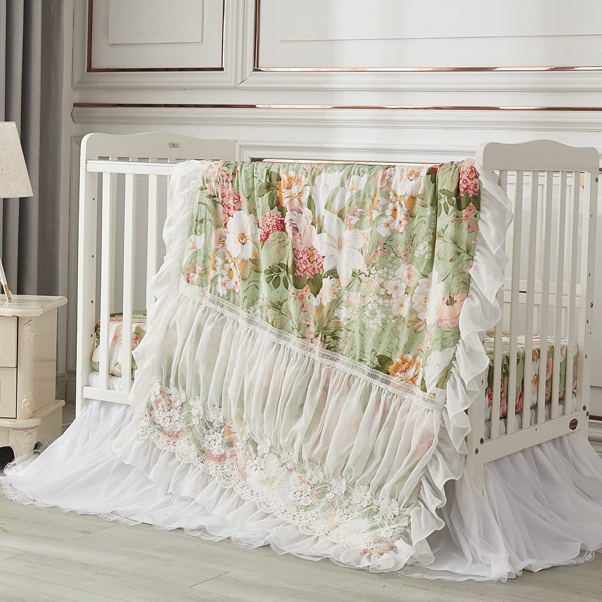 Brandream 3-Piece Floral Crib Bedding Set for Girls - Soft Baby Comforter, Fitted Crib Sheet & Lace Bed Skirt in Green & White | Nursery Decor, Baby Shower Gift, Newborn Essentials