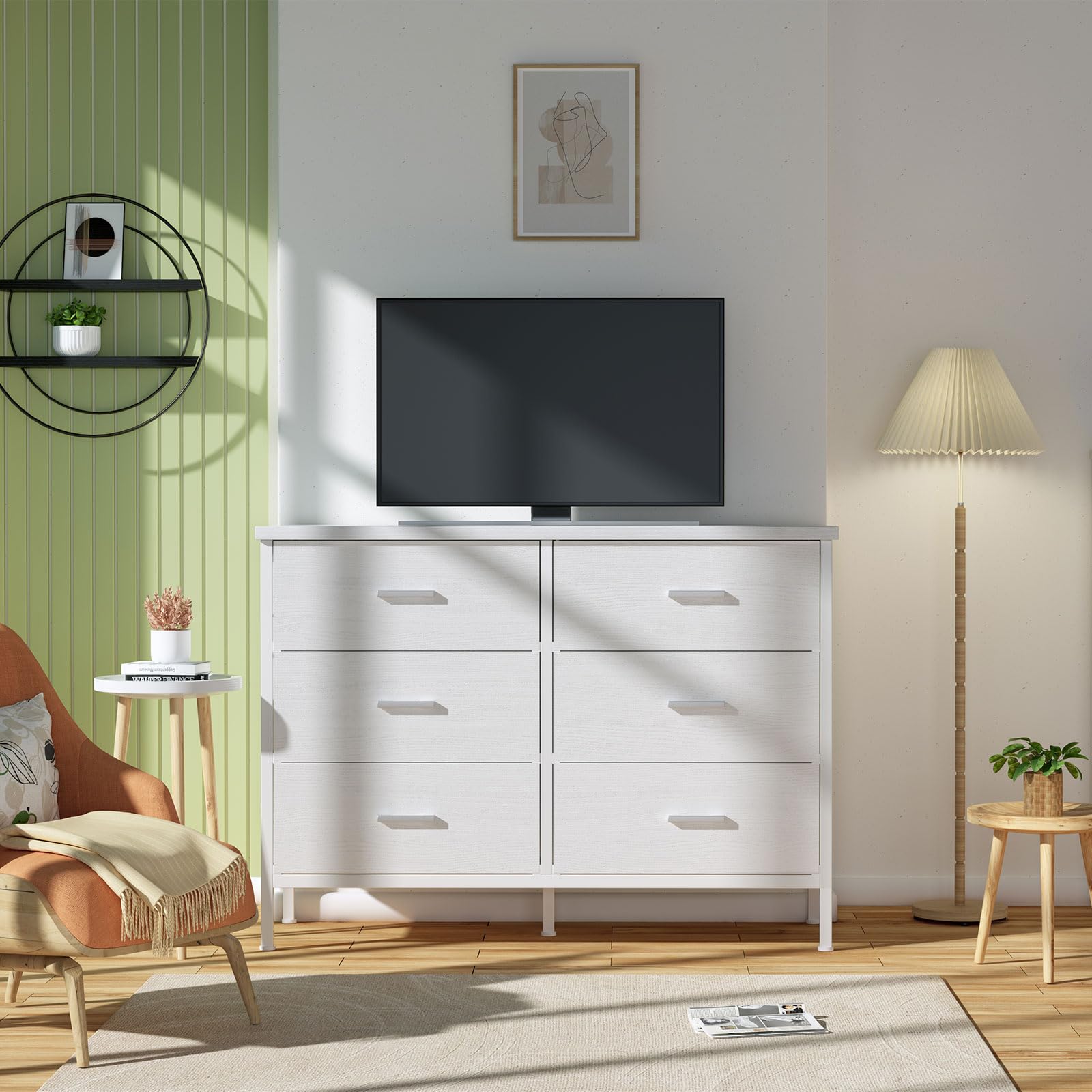 Modern White 6-Drawer Dresser for Bedroom - Wide TV Stand for 50