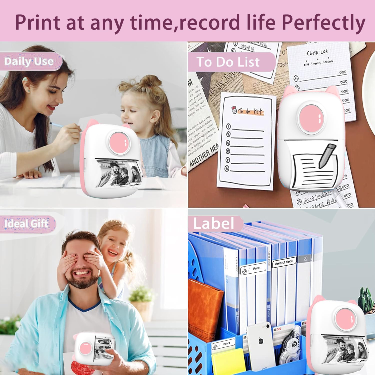 Mini Pocket Printer - Portable Thermal Photo Printer for Instant Prints, Wireless Bluetooth, Compatible with iPhone & Android (LED Pink) - Perfect for Travel, Scrapbooking & DIY Projects