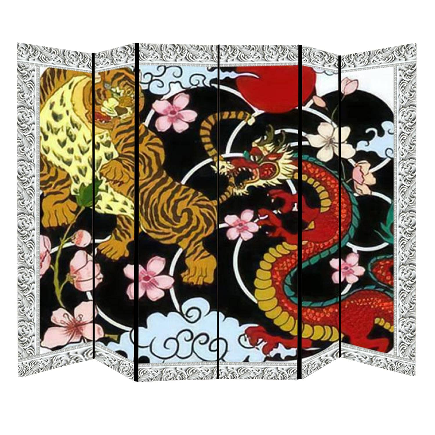 Dragon & Tiger Tattoo Canvas Room Divider - 6 Panel Privacy Screen with Baroque Style Design for Home, Office, Bathroom & Pool Areas | Asian Inspired Cloud & Red Artwork Room Partition