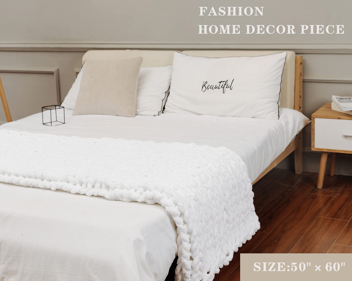 Alzoear Chunky Knit Throw Blanket - Soft Chenille Handmade Cozy Warm Blanket for Sofa, Bed, Couch & Home Decor (White, 50x60 Inches) - Perfect for Winter Nights, Movie Time & Cozy Home Ambience