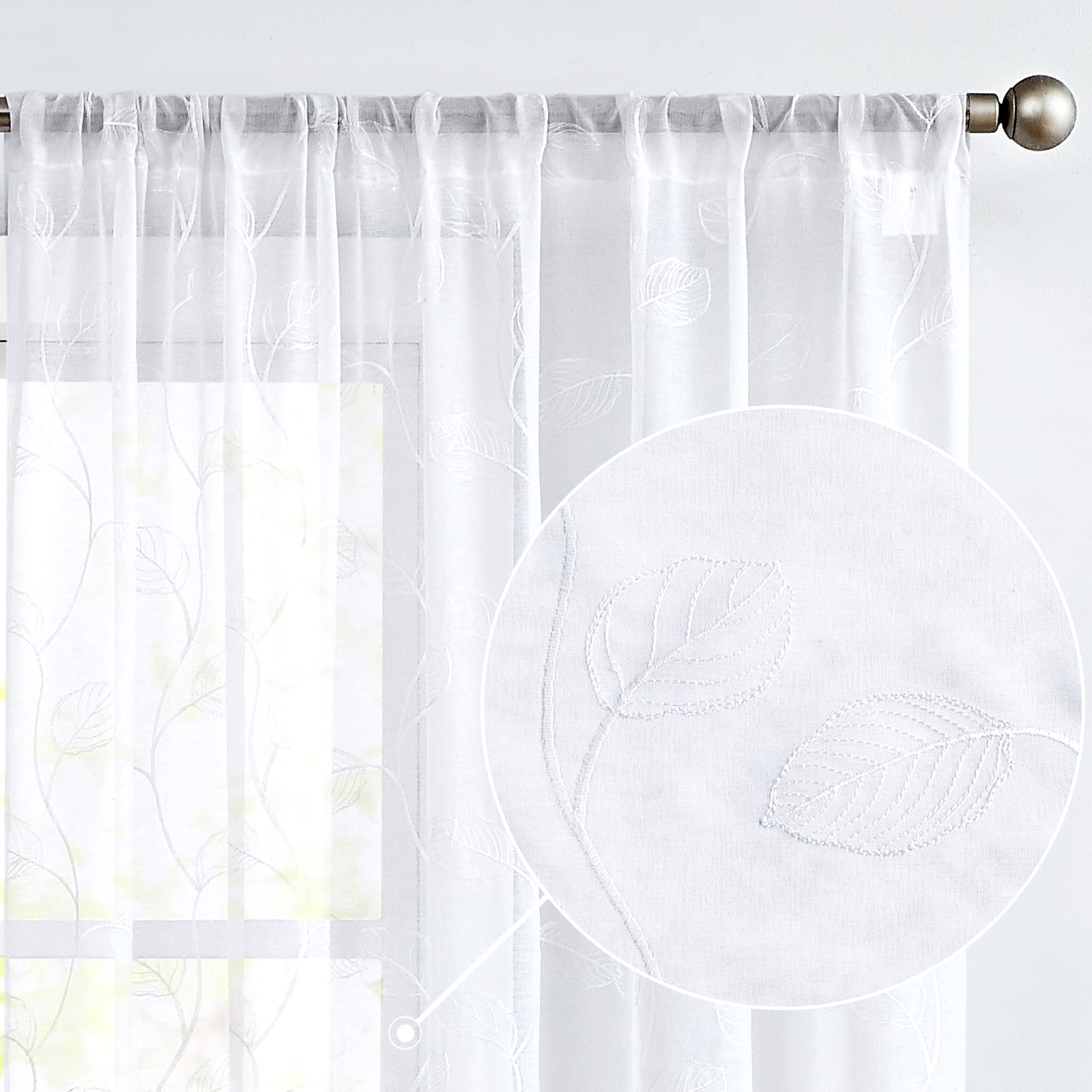 Sheer Voile Curtains with Leaf Embroidery - 63 Inch Length, 2 Panels Set - Farmhouse & Rustic Window Treatments for Living Room & Bedroom - White Rod Pocket Sheer Curtains for Natural Light & Privacy - Perfect for Cozy Home Decor & Sunlight Filtering