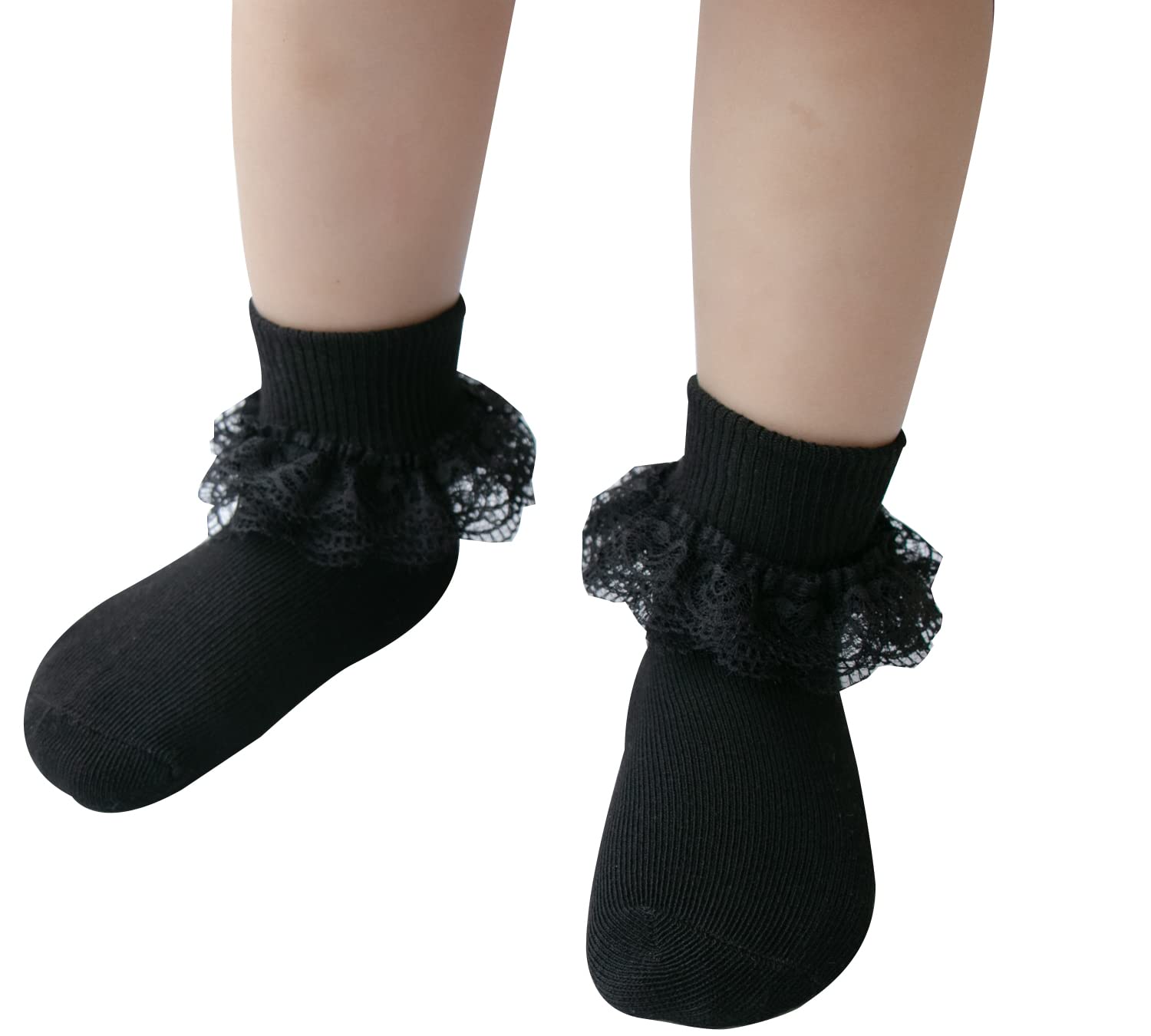 Girls Lace Ruffle Ankle Socks - Soft Cotton Frilly Dress Socks for Toddler & Kids (White/Black/Pink/Red) - Perfect for Parties, School Uniforms & Special Occasions