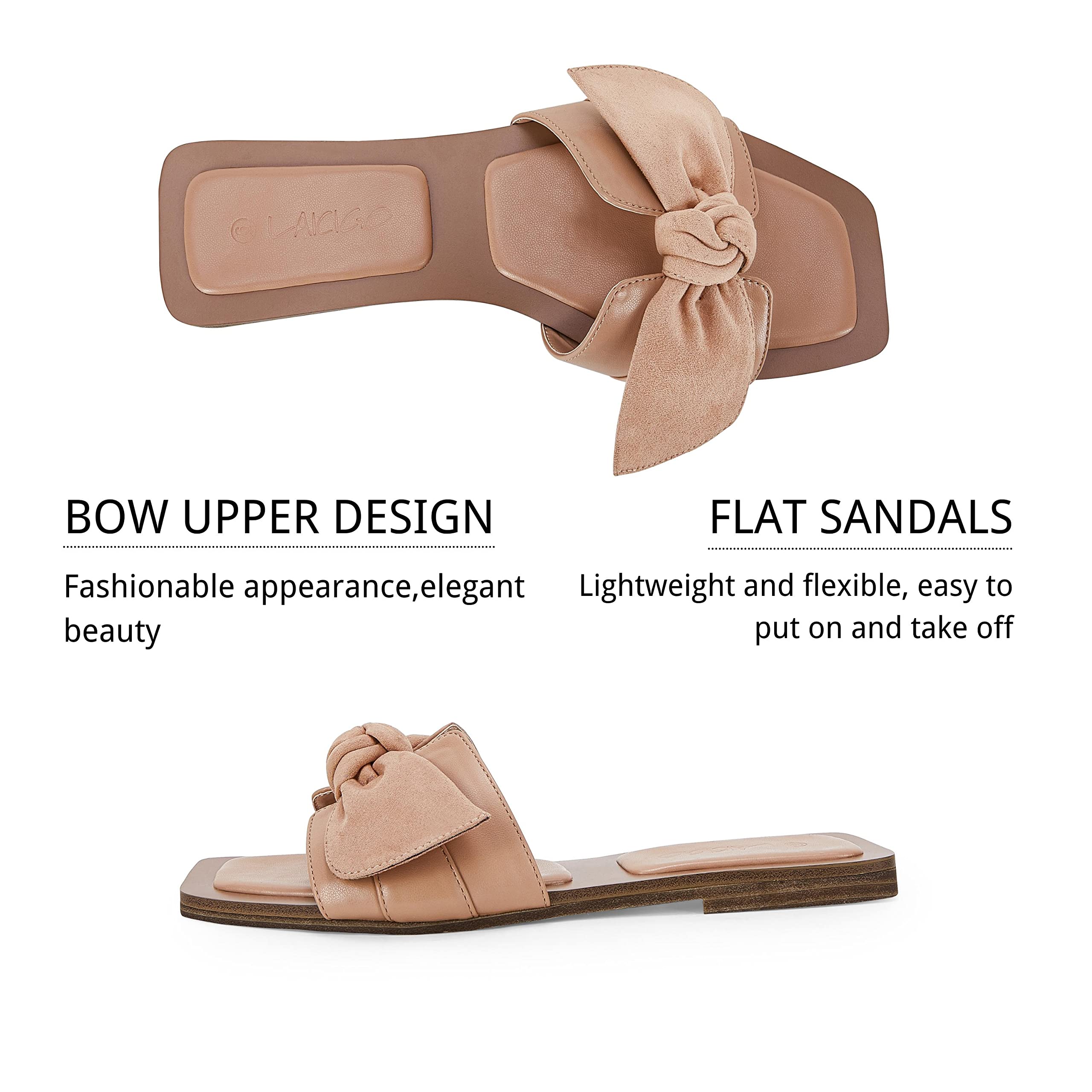 LAICIGO Women's Square Toe Slide Sandals - Bow Knot Slip On Backless Summer Flats - Comfortable Faux Suede Open Toe Sandals for Beach, Vacation & Casual Wear