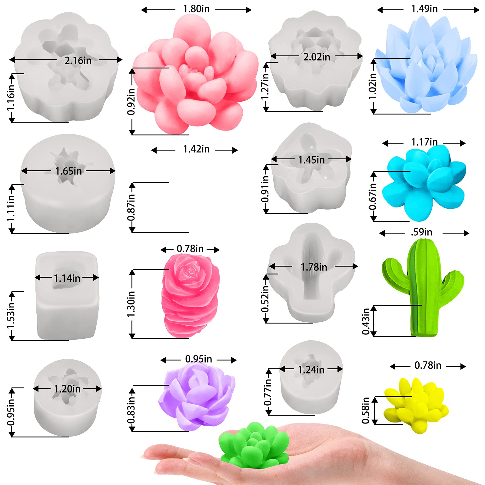 Palksky 10 Pcs Silicone Succulent Molds - 3D Cactus Candle & Epoxy Resin Molds for DIY Wax Melts, Soap Making, Christmas Crafts - Perfect for Home Decor, Wedding Favors & Gift Making