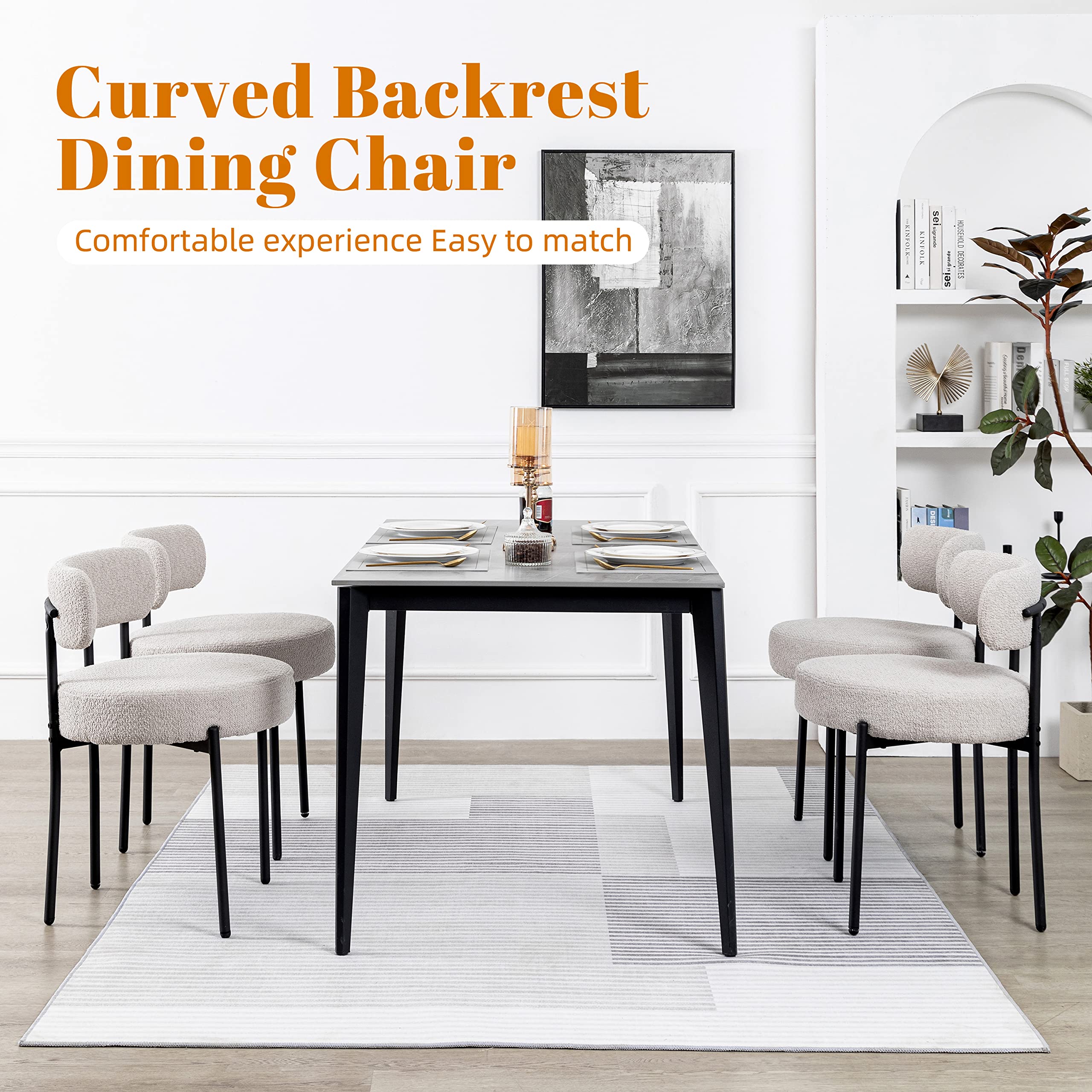 DYHOME Light Grey Dining Chairs Set of 2 - Modern Mid-Century Upholstered Kitchen Chairs with Boucle Sherpa Fabric & Black Metal Legs - Perfect for Dining Room, Kitchen, Breakfast Nook & Small Spaces