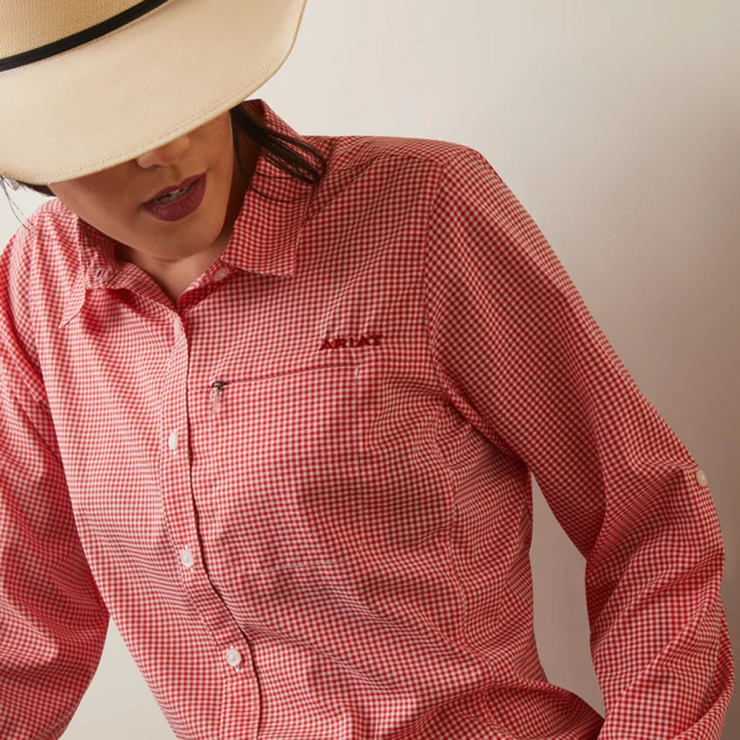Ariat Women's Vent Tek Long Sleeve Shirt - Breathable Performance Top for Riding & Outdoor Activities | Aura Orange/White Check Pattern | Equestrian & Casual Wear