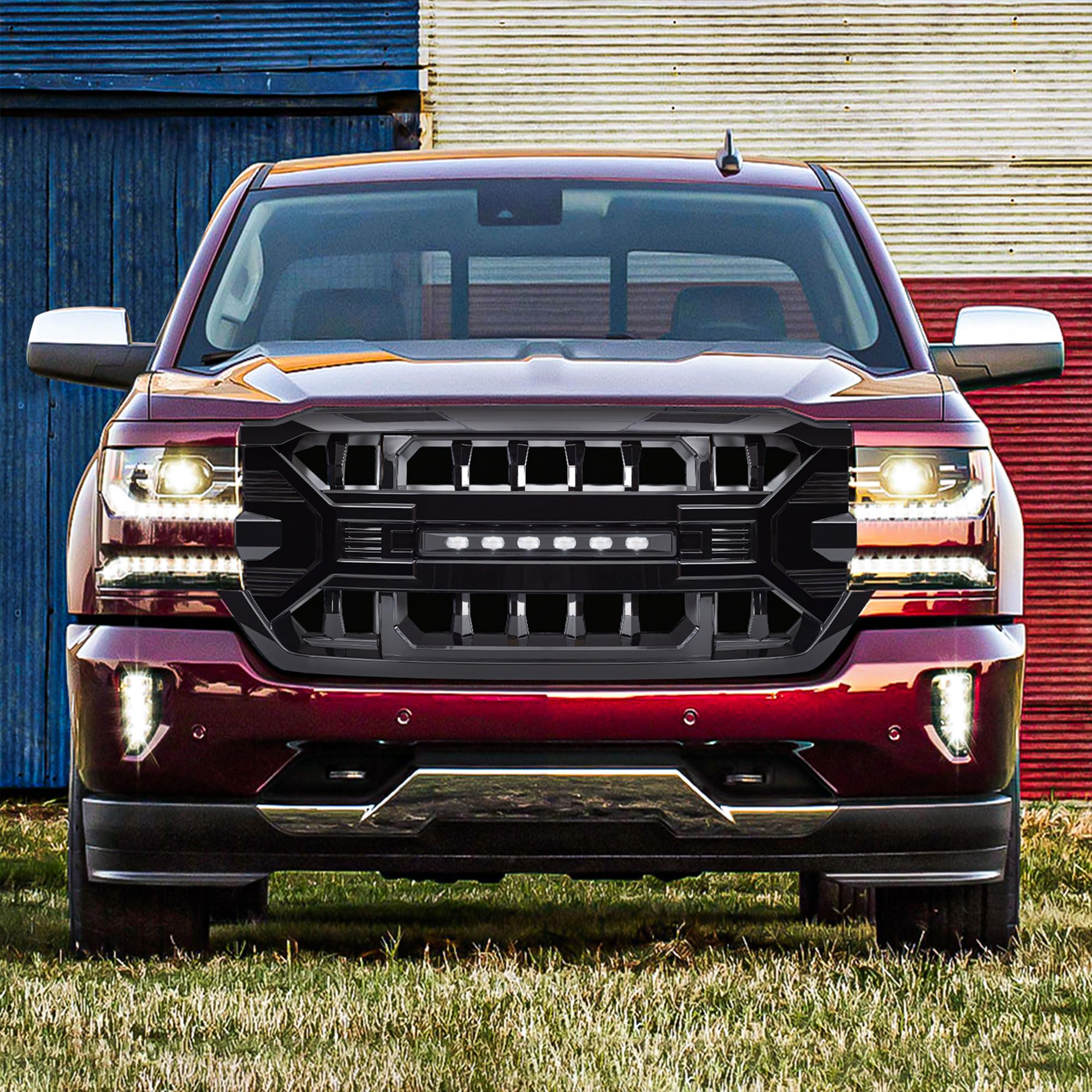 2016-2019 Chevrolet Silverado 1500 Off-Road Grille with LED Lights | Gloss Black Heavy Duty Front Bumper Guard | Perfect for Truck Modifications & Night Driving