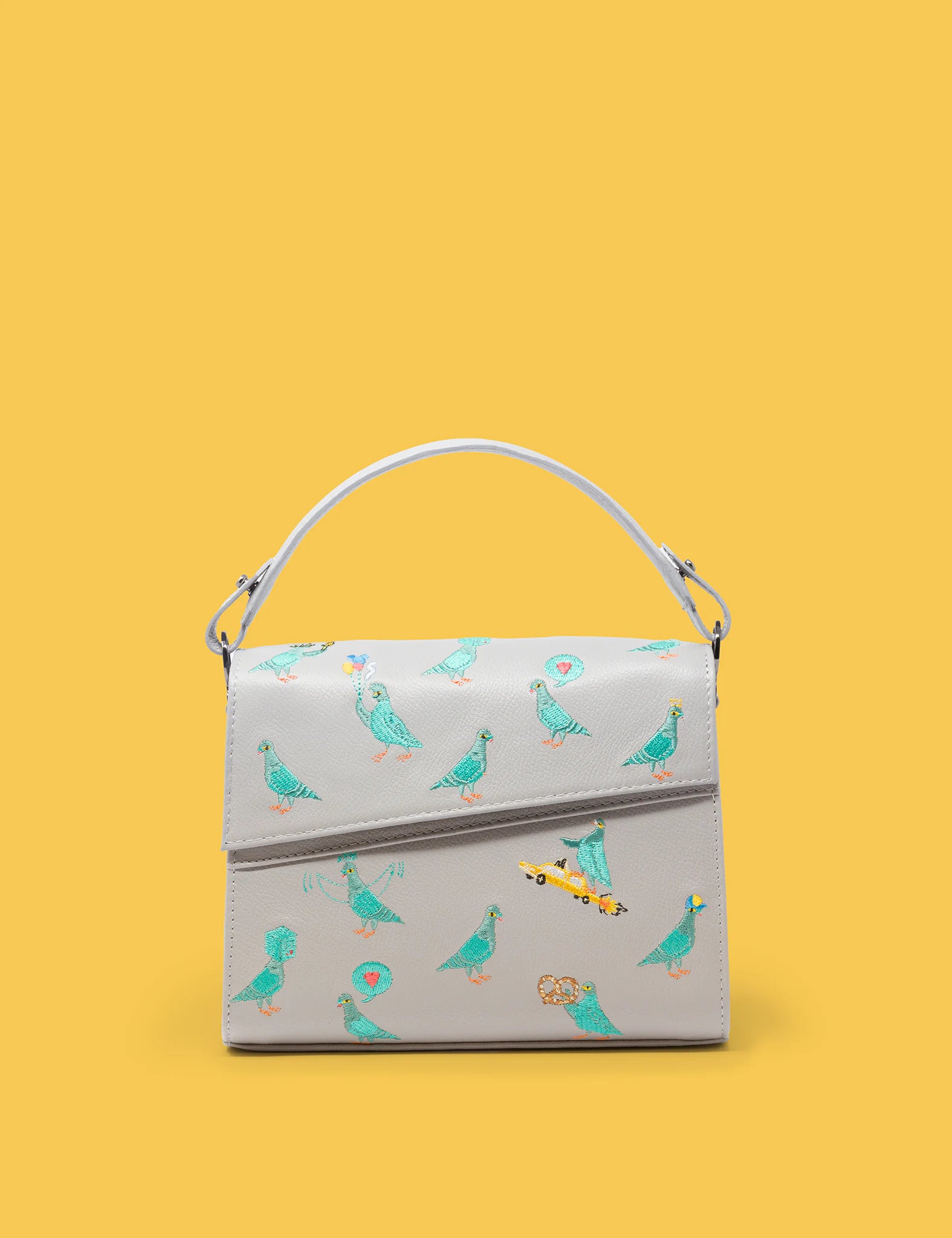 Anastasio Mini Crossbody Handbag for Women - Moonwalk Gray Genuine Leather with Pigeonista Embroidery | Perfect for Everyday Use, Travel & Date Night