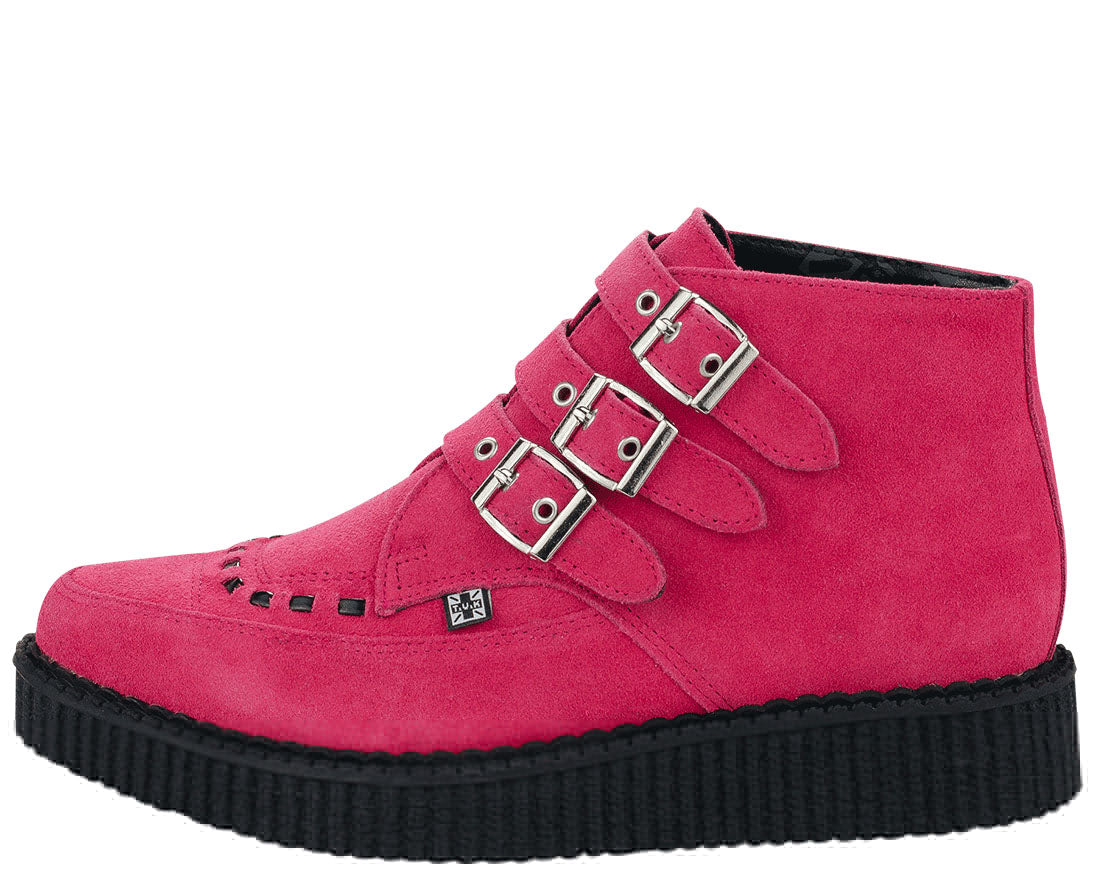 T.U.K Pink Suede Buckle Pointed Creeper Boots - Women's Vintage Punk Rock Ankle Booties for Concerts, Parties & Gothic Fashion