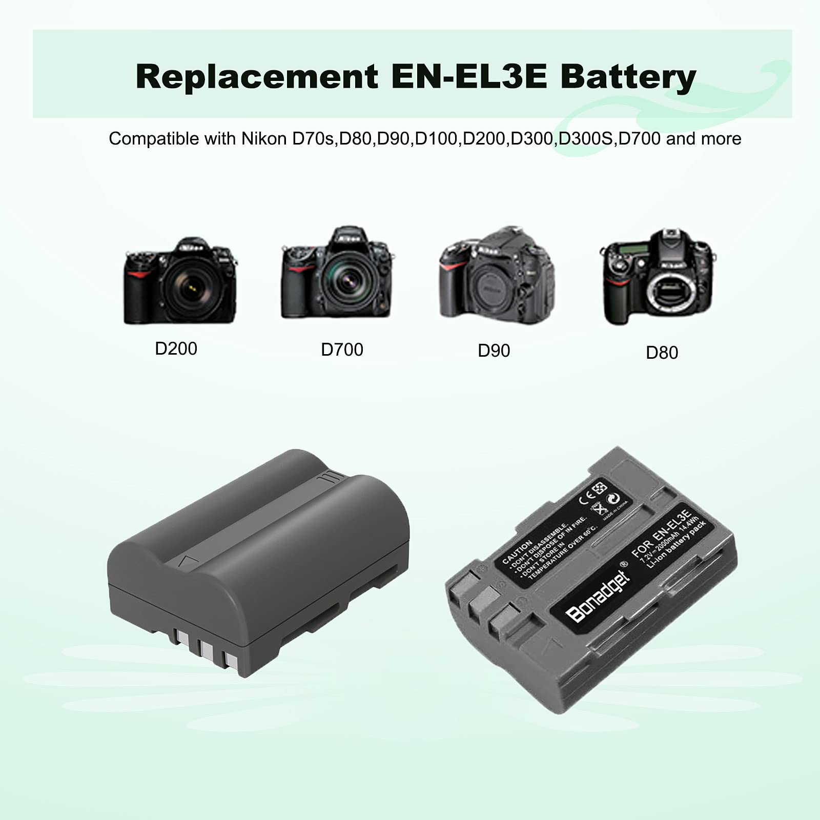 Bonadget 2 Pack 2000mAh EN-EL3 EN-EL3A Replacement Battery and LCD Dual Charger for Nikon D700 D90 D300S D300 D200 D80 D50 D70S D70 D100 D900 Digital Cameras - Perfect for Travel Photography & Professional Shooting