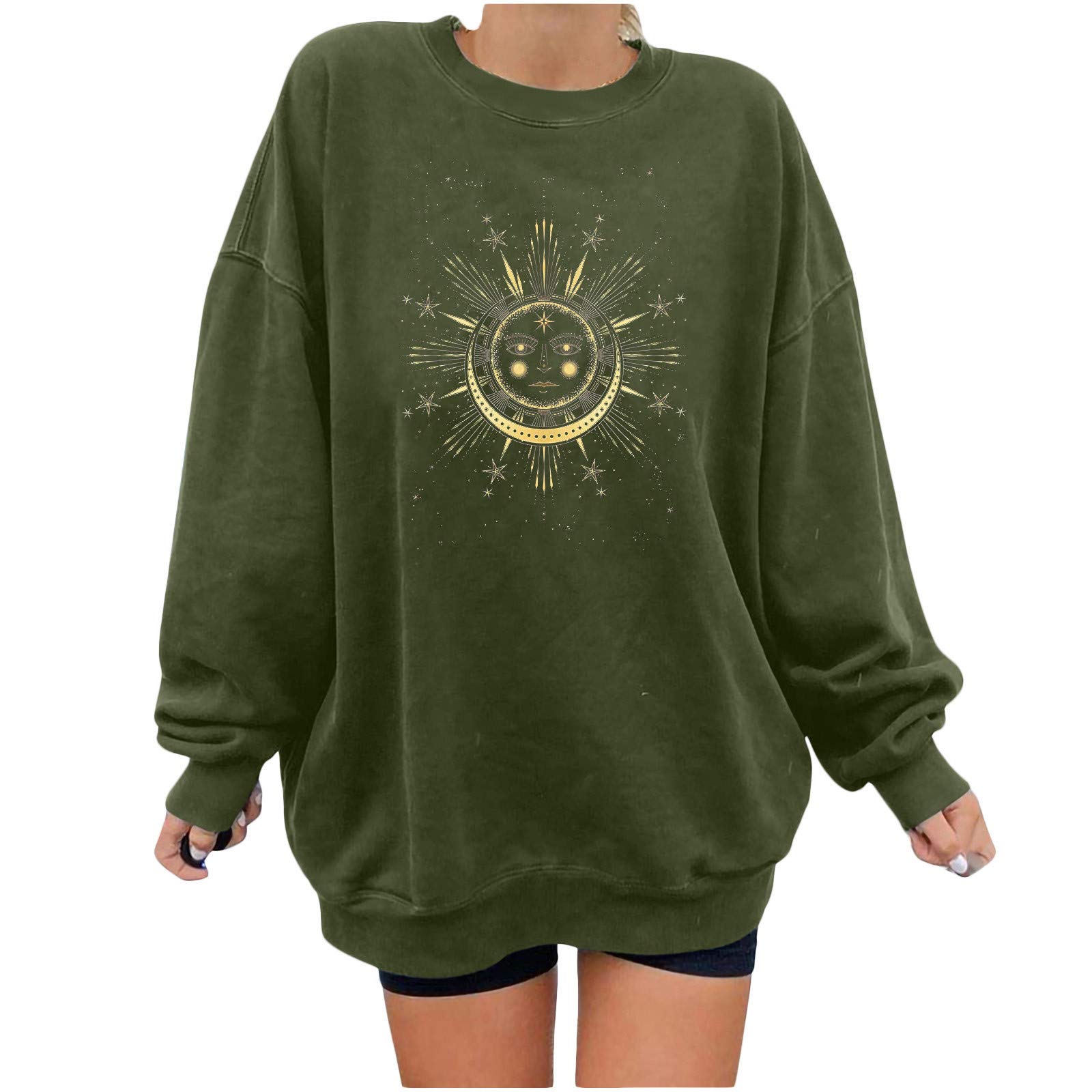 Vintage Sun Moon Print Women's Long Sleeve T-Shirt - Casual Loose Fit Pullover Blouse (Green, Small) | Perfect for Fall Layering, Weekend Outfits & Boho Fashion