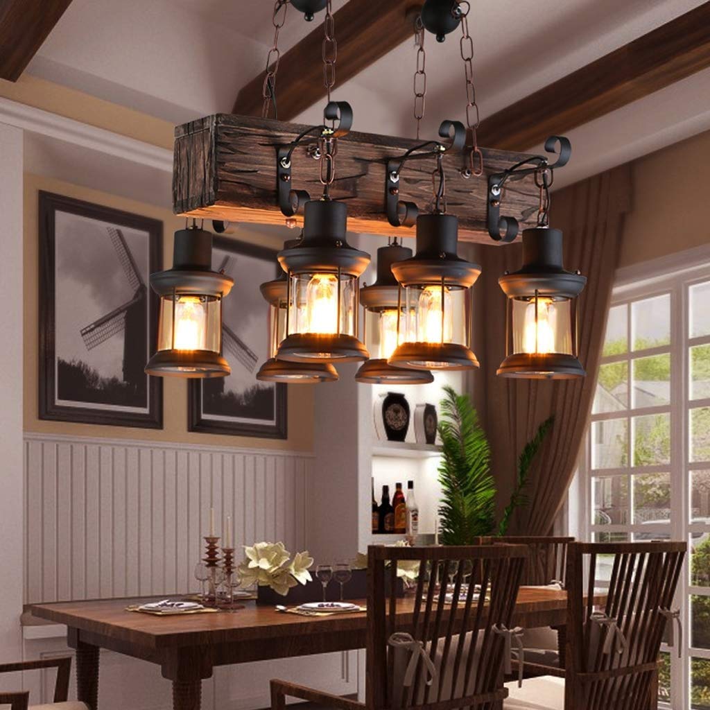 Vintage Industrial Wood & Metal Chandelier - Adjustable Height 6-Light E27 Pendant Lamp for Living Room, Dining Room & Bedroom | Retro Style Ceiling Lighting Fixture