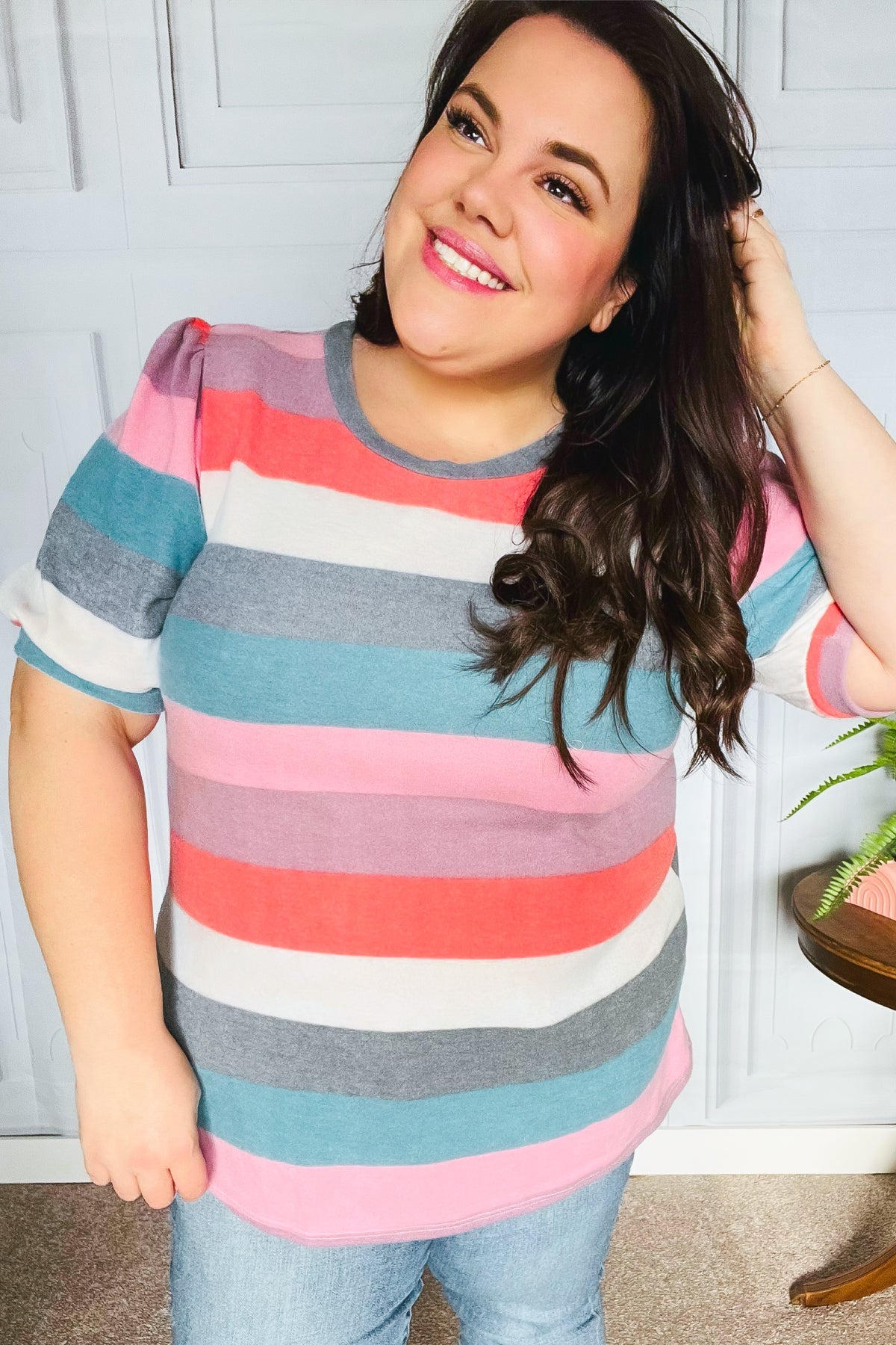 Look Out Teal & Rose Striped Hacci Knit Puff Sleeve Top | Women's Fashion Blouse | Casual & Party Wear | Perfect for Date Nights & Office Outfits