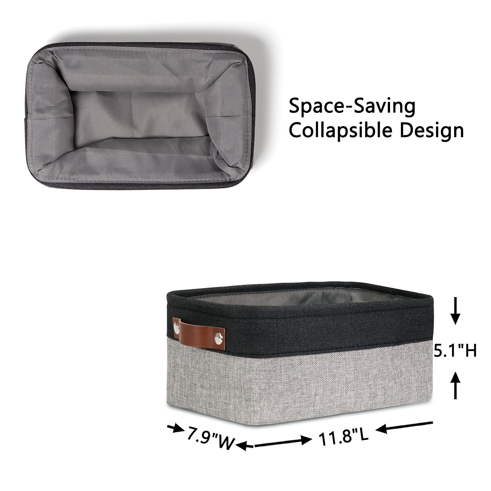 DULLEMELO Small Fabric Storage Bins - Collapsible Rectangular Baskets for Shelves & Closets (6-Pack, Black&Gray) - Perfect for Home, Office & Nursery Organization