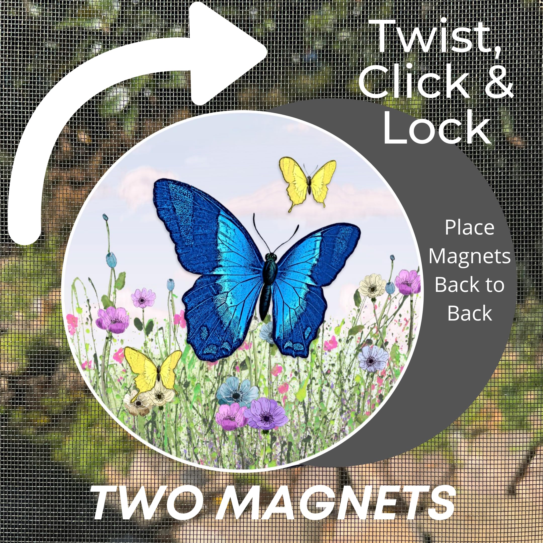 Twist Click Lock Screen Door Magnets - Secure Magnetic Screen Door Saver for Pets & Kids - Butterfly Design by Robbins Aria - Perfect for Patio, Deck & Backyard Safety