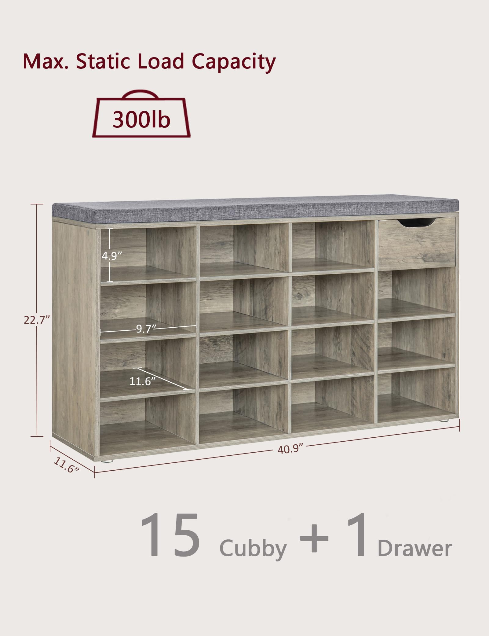DINZI LVJ Shoe Bench with Drawer & 15 Cubbies - Adjustable Shelves Entryway Storage Organizer for Shoes - Gray Wash Shoe Cabinet for Living Room, Bedroom, Mudroom & Garage | Perfect for Small Space Organization & Entryway Décor