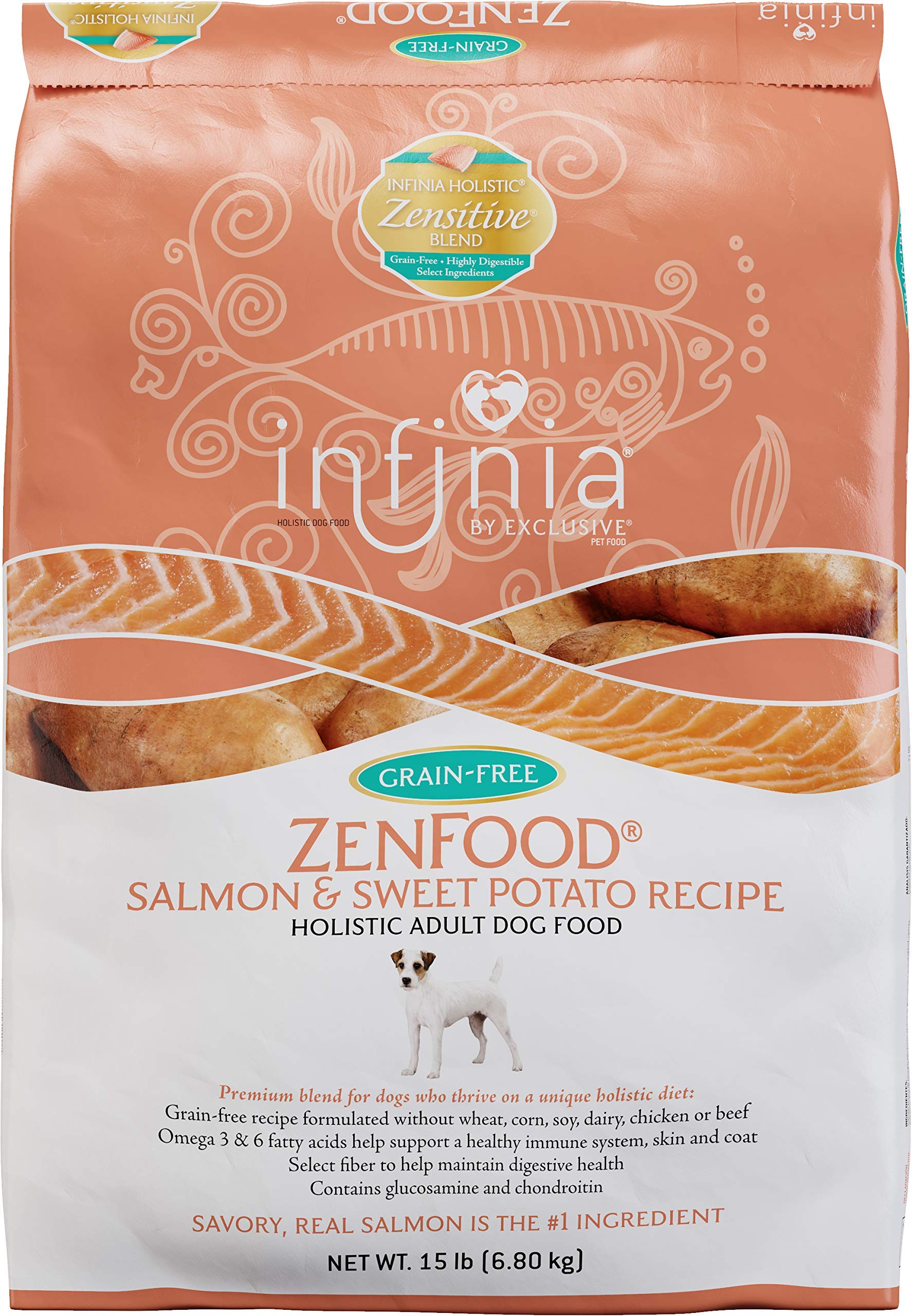 Infinia ZenFood Grain-Free Dog Food for Adult Dogs - Salmon & Sweet Potato Recipe | Complete & Balanced Nutrition | 15 lb Bag | Perfect for Sensitive Stomachs & Active Dogs
