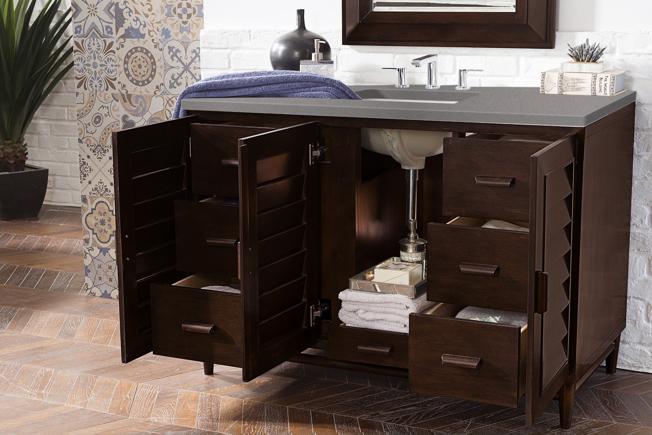 Portland 48 Inch Single Bathroom Vanity with Burnished Mahogany Finish & 3CM Gray Expo Quartz Countertop - Perfect for Modern Home Bathroom Renovation and Space-Saving Design