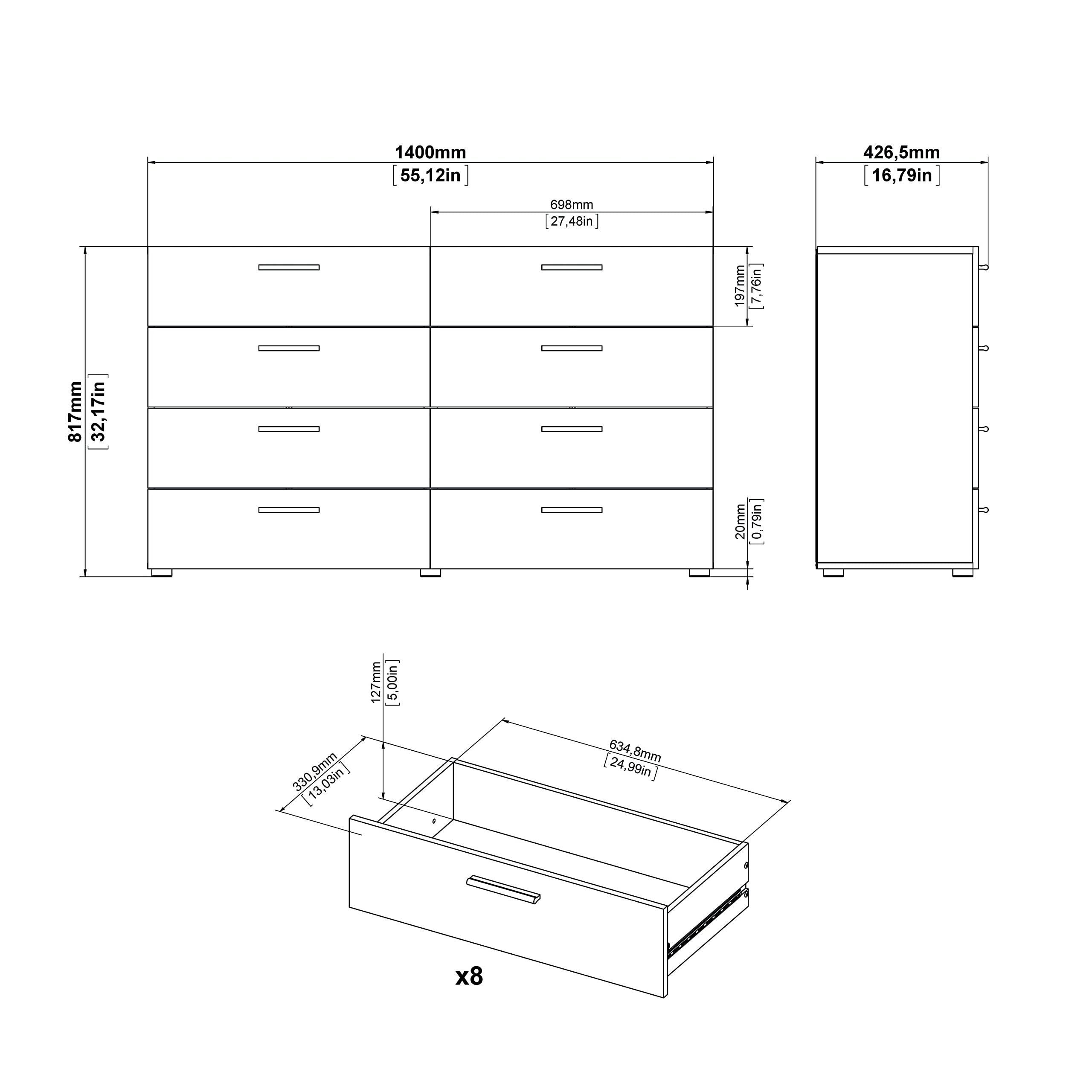 Tvilum 8-Drawer Double Dresser - Black Woodgrain Finish, Sturdy Bedroom Storage Furniture for Clothes & Accessories | Perfect for Master Bedroom, Guest Room & Dorm Organization