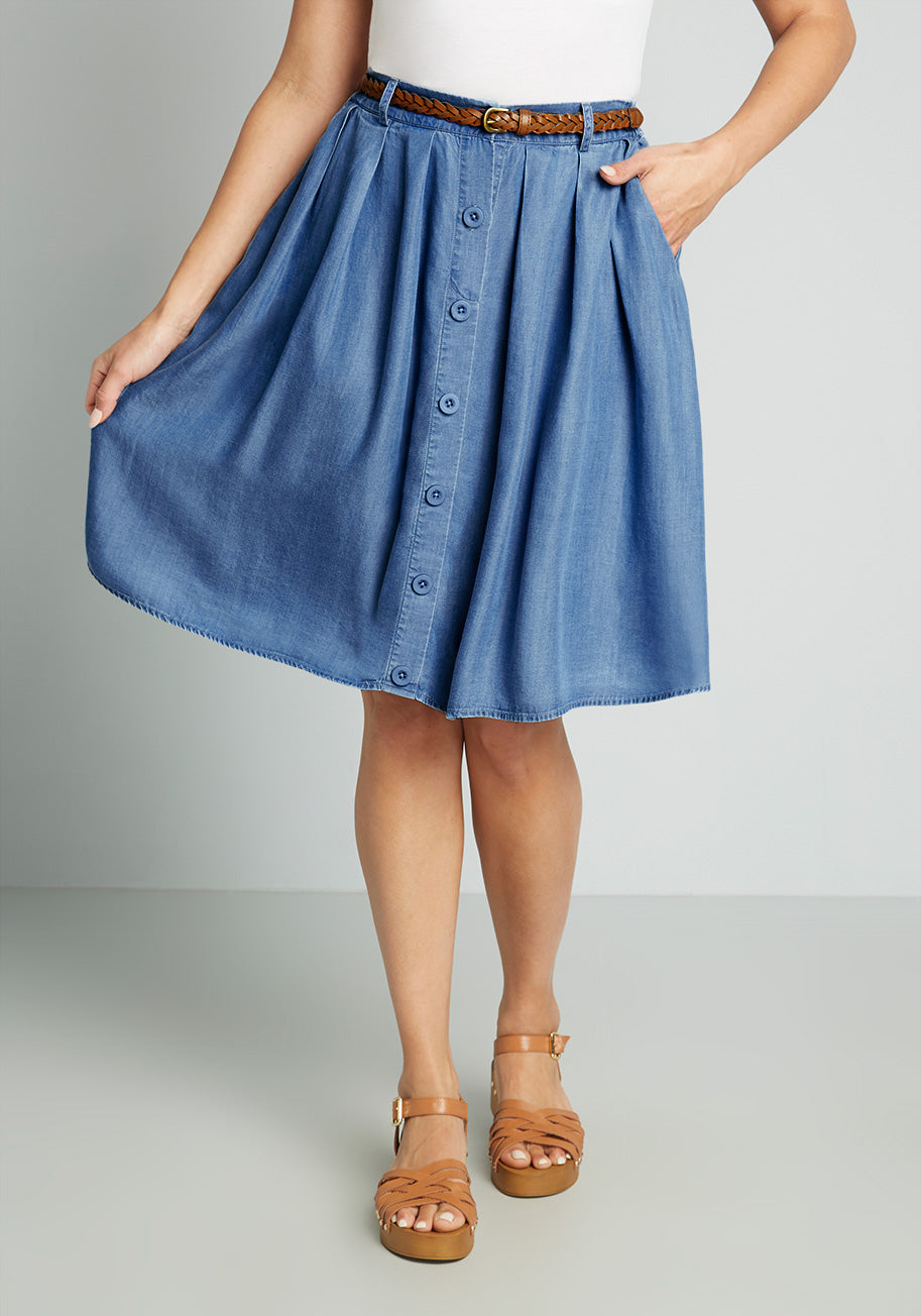 Best Chambray A-Line Skirt for Women - Vintage Denim Style Skirt with Pockets - Perfect for Casual Outfits, Office Wear & Summer Dressing