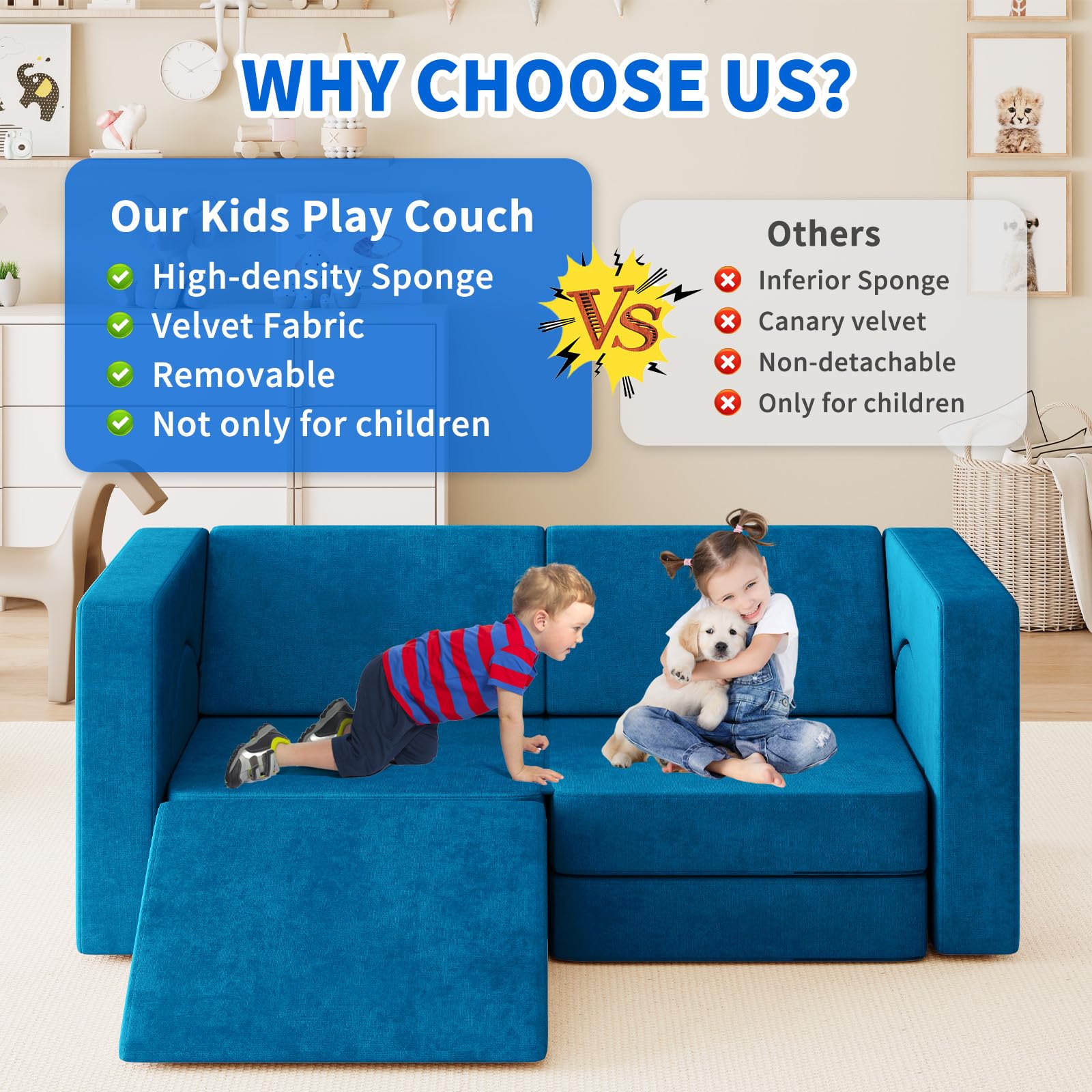 10PCS Modular Kids Play Couch with Climbing Slope - 10-in-1 Toddler Sofa for Playing, Creativity & Sleeping - Indoor Children's Furniture for Boys & Girls (Blue) - Perfect for Playrooms, Bedrooms & Daycare Centers