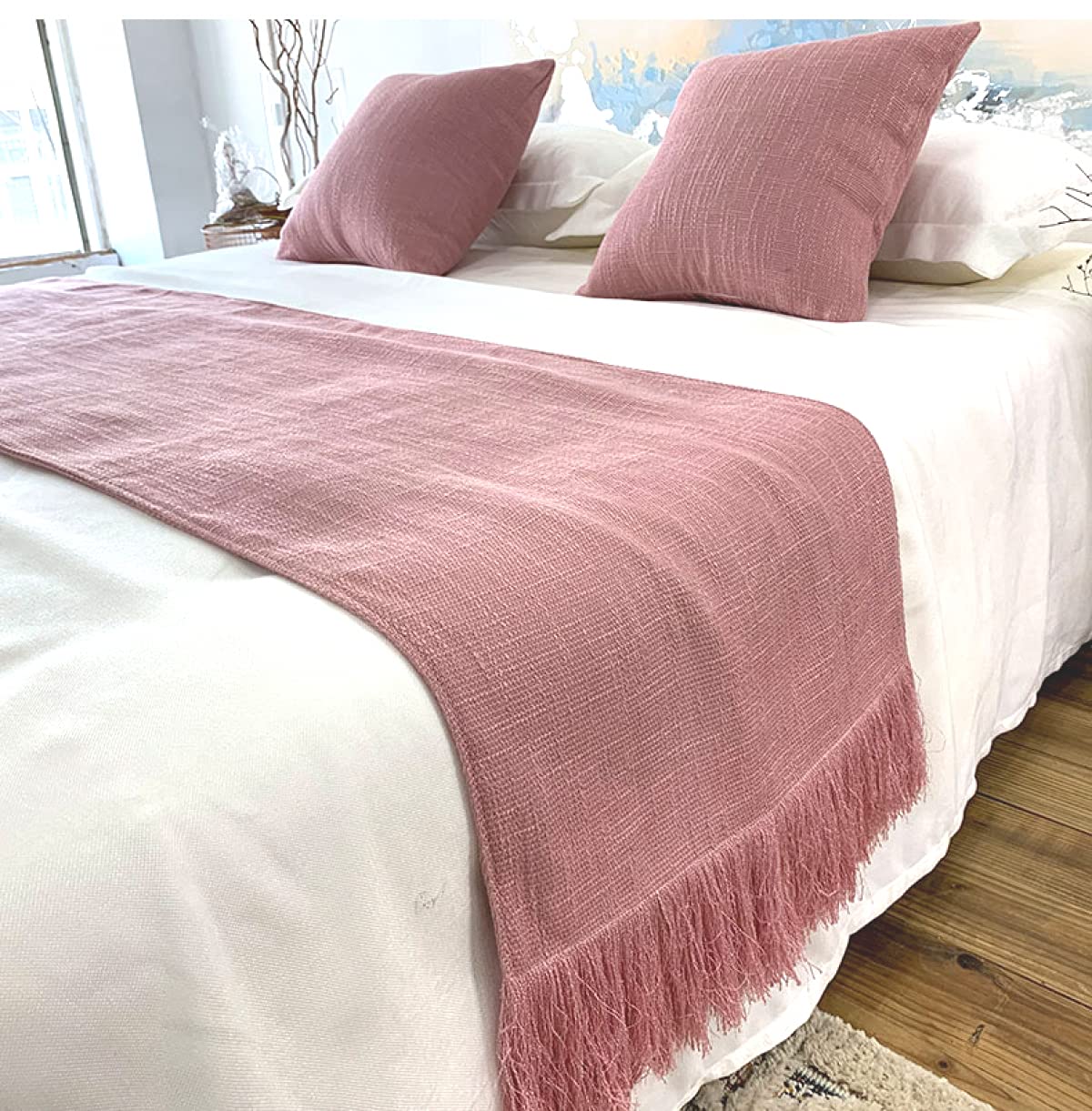 Modern Tassel Bed Runner Scarves & Pillowcase Set - Queen/King Size Bedspread Coverlet for Home Decor - Elegant Bed Cover & Foot of Bed Throw - Perfect for Master Bedroom, Guest Room & Hotel Decor