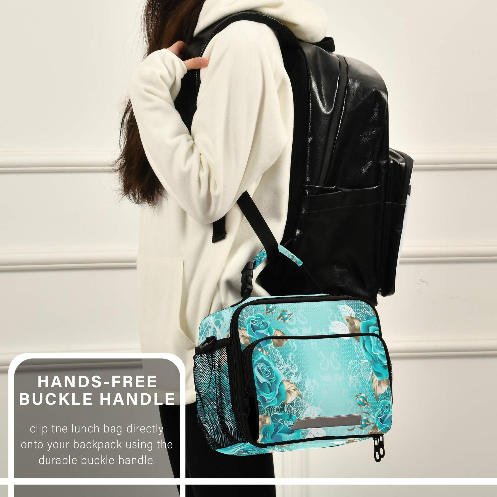 ALAZA Insulated Lunch Bag for Women & Men - Reusable Tote Cooler Bag with Adjustable Shoulder Strap, Elegant Lace Turquoise Roses White Gold Design | Perfect for Work, School, Picnics & Outdoor Activities