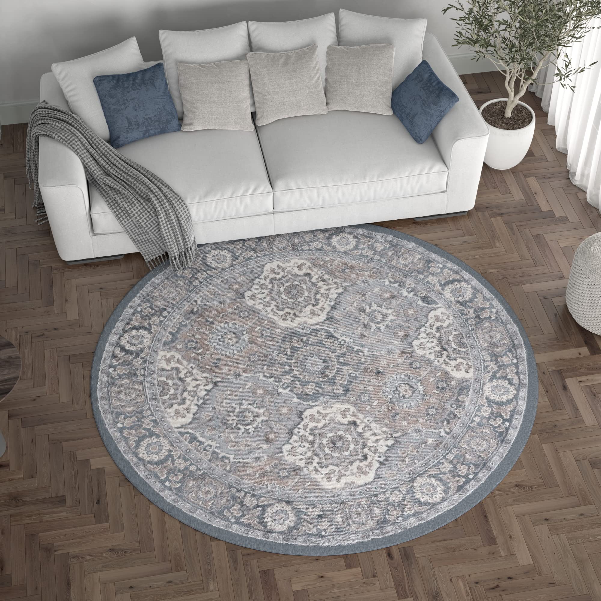 Modern Gray 8ft Round Area Rug - Soft Large Contemporary Carpet for Living Room, Dining Room, Bedroom, Kitchen & Entryway - Perfect for Home Decor & Cozy Spaces