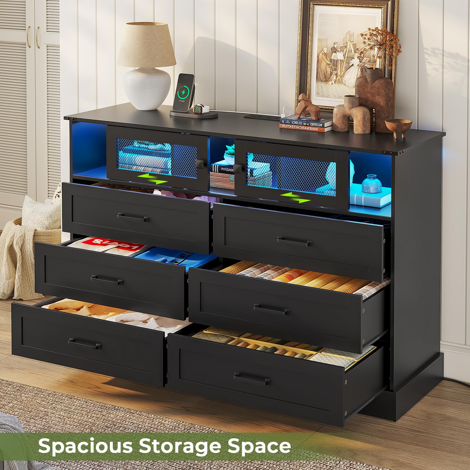 Hasuit 6-Drawer LED Dresser with USB Charging Station - Farmhouse Style Closet Organizer & Clothes Storage Cabinet - Perfect for Bedroom, Living Room, Hallway (Black) | Ideal for Home Organization, Nightstand Alternative, and Modern Bedroom Decor