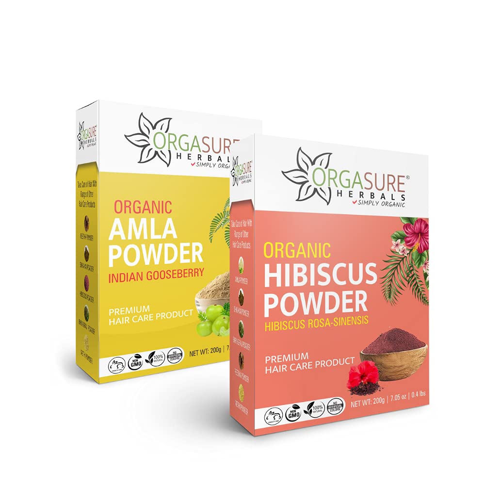 ORGASURE Hibiscus Powder & Amla Powder for Hair Growth & Scalp Care - 200g | Natural Ayurvedic Hair Treatment for Shine, Strength & Dandruff Relief | DIY Hair Masks & Herbal Remedies