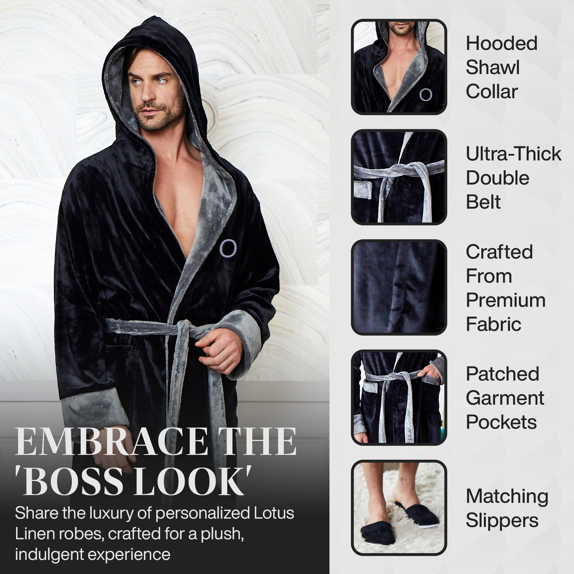 Premium Men's Plush Hooded Bathrobe - Soft & Luxurious Linen Robe for Spa, Lounge & Relaxation at Home