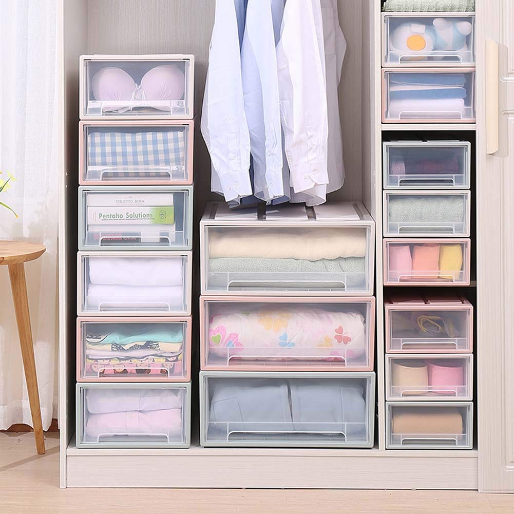 Stackable Plastic Storage Boxes with Transparent Drawer - Small Gray Organizer for Wardrobe, Closet & Home Organization (Perfect for Clothes, Toys & Accessories Storage)