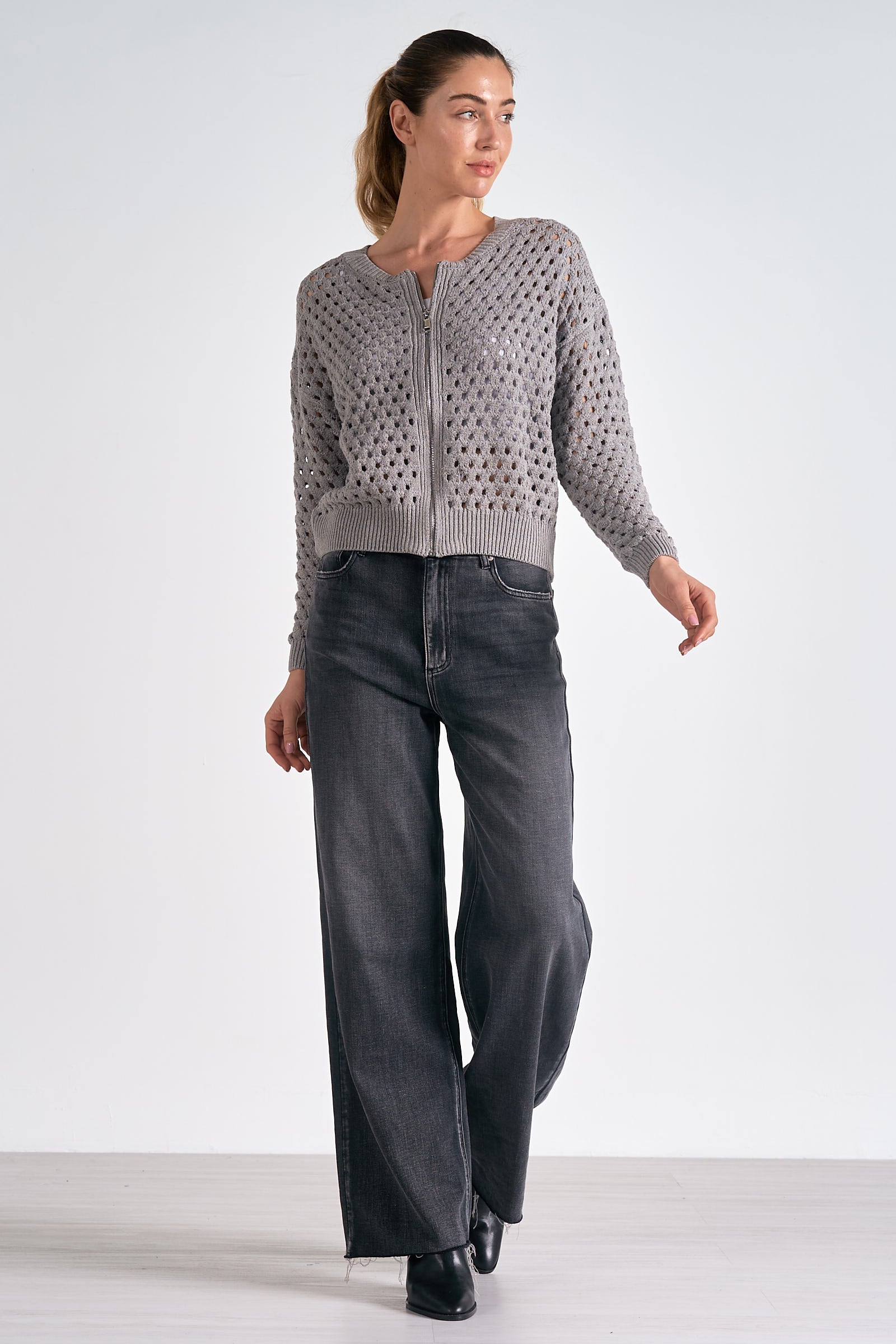 Light Gray Zip Up Sweater Cardigan for Women - Cozy Knit Pullover for Fall & Winter - Perfect for Office, Travel and Casual Outfits